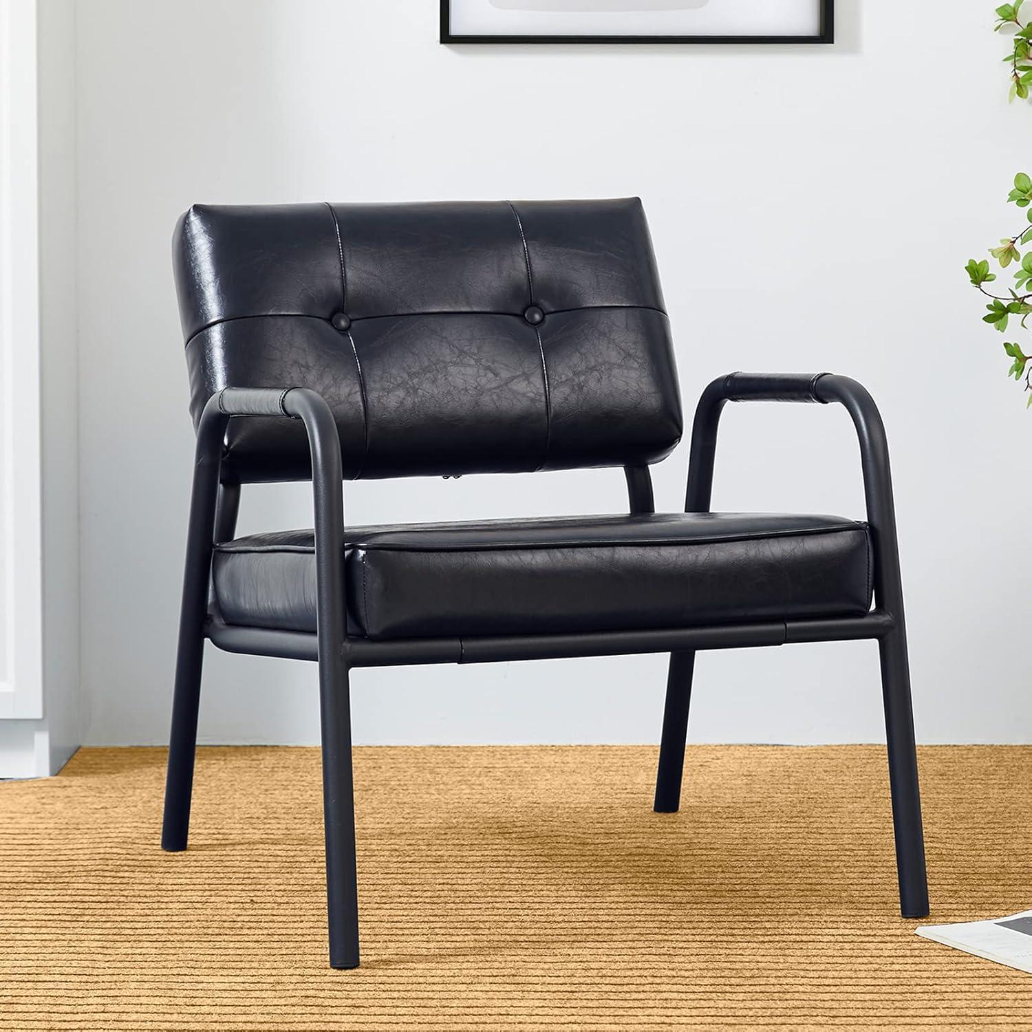 Mid-Century Modern Leatherette Arm Accent Chair Frosted Black Metal Frame Black - Glitzhome