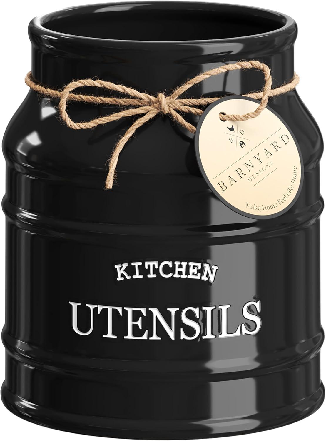 Red Barrel Studio® Ceramic Farmhouse Utensil Holder For Kitchen Counter, Large Rustic Utensil Crock, Countertop Cooking Tool Spatula Organizer, 6.75” (Black)