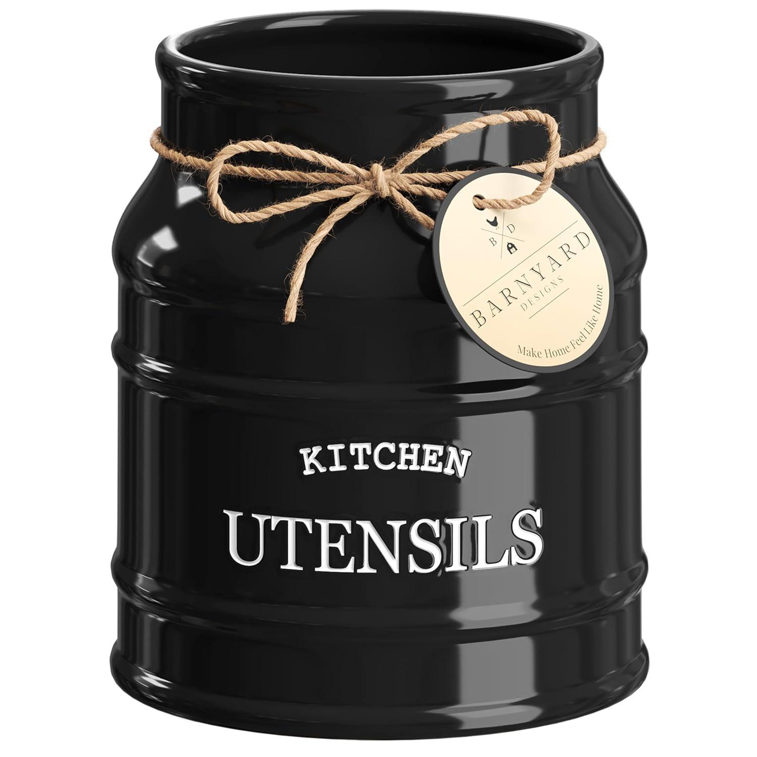 Red Barrel Studio® Ceramic Farmhouse Utensil Holder For Kitchen Counter, Large Rustic Utensil Crock, Countertop Cooking Tool Spatula Organizer, 6.75” (Black)