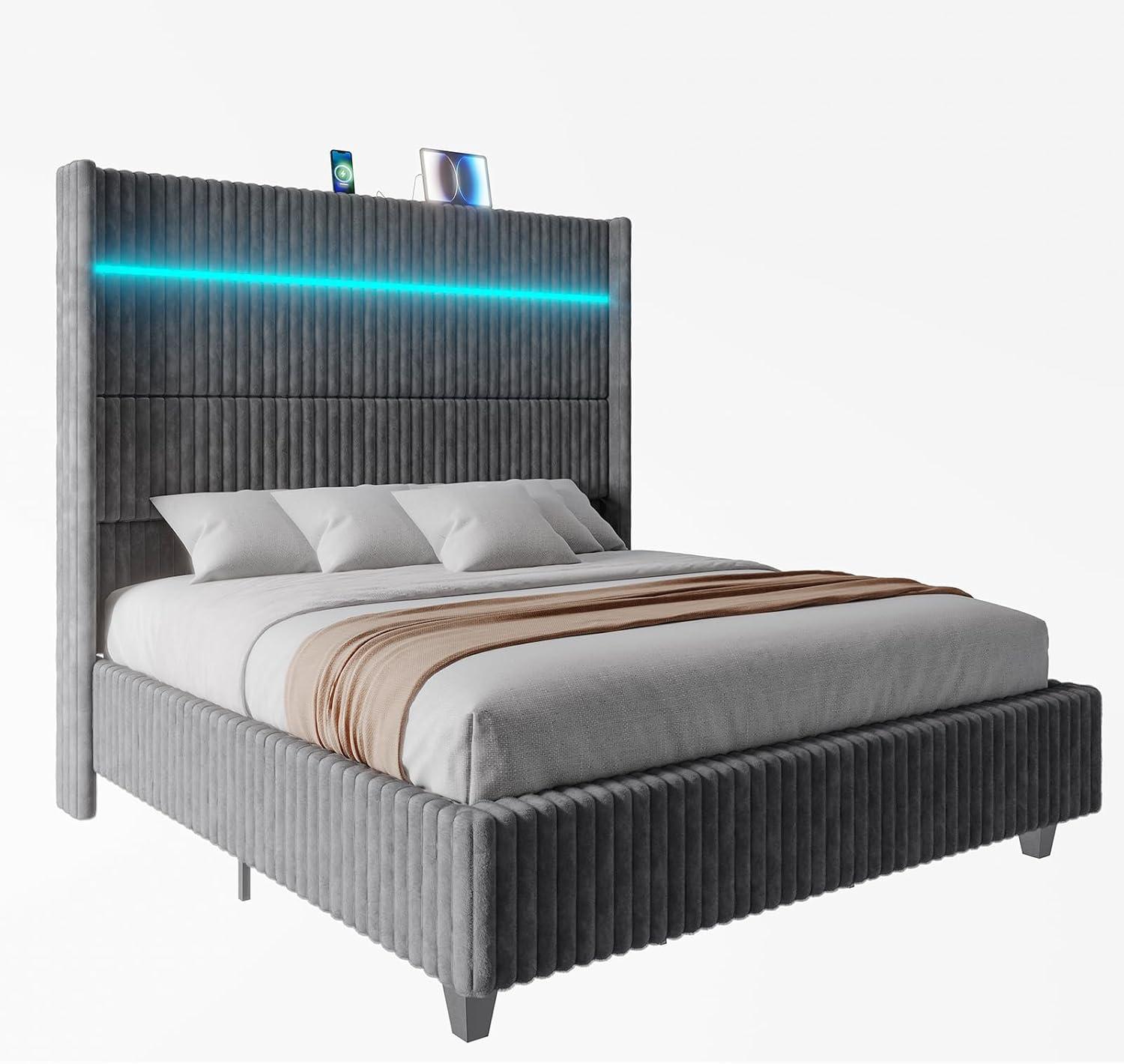Ivy Bronx LED Bed Frame, Corduroy Upholstered Platform with 60" Tall Headboard & Charging Station