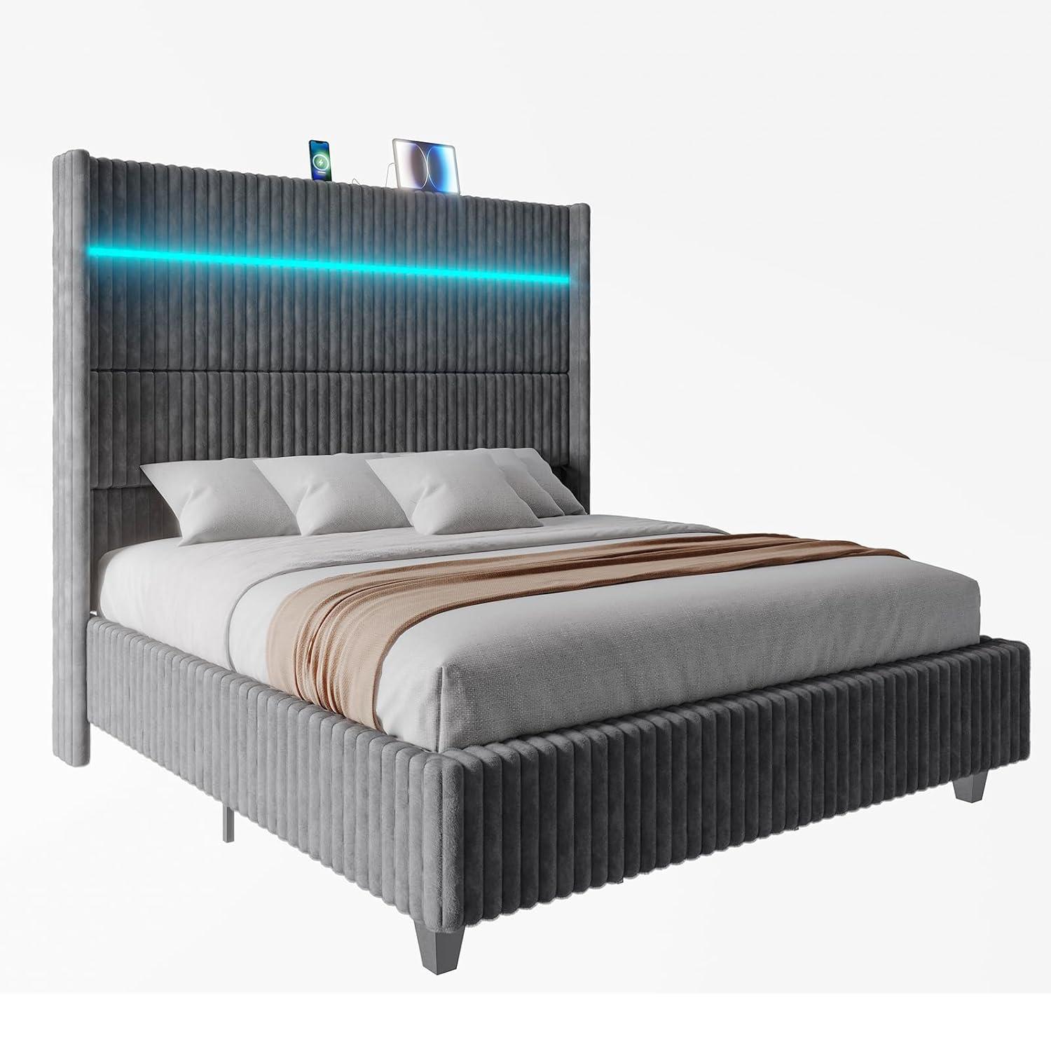Ivy Bronx LED Bed Frame, Corduroy Upholstered Platform with 60" Tall Headboard & Charging Station