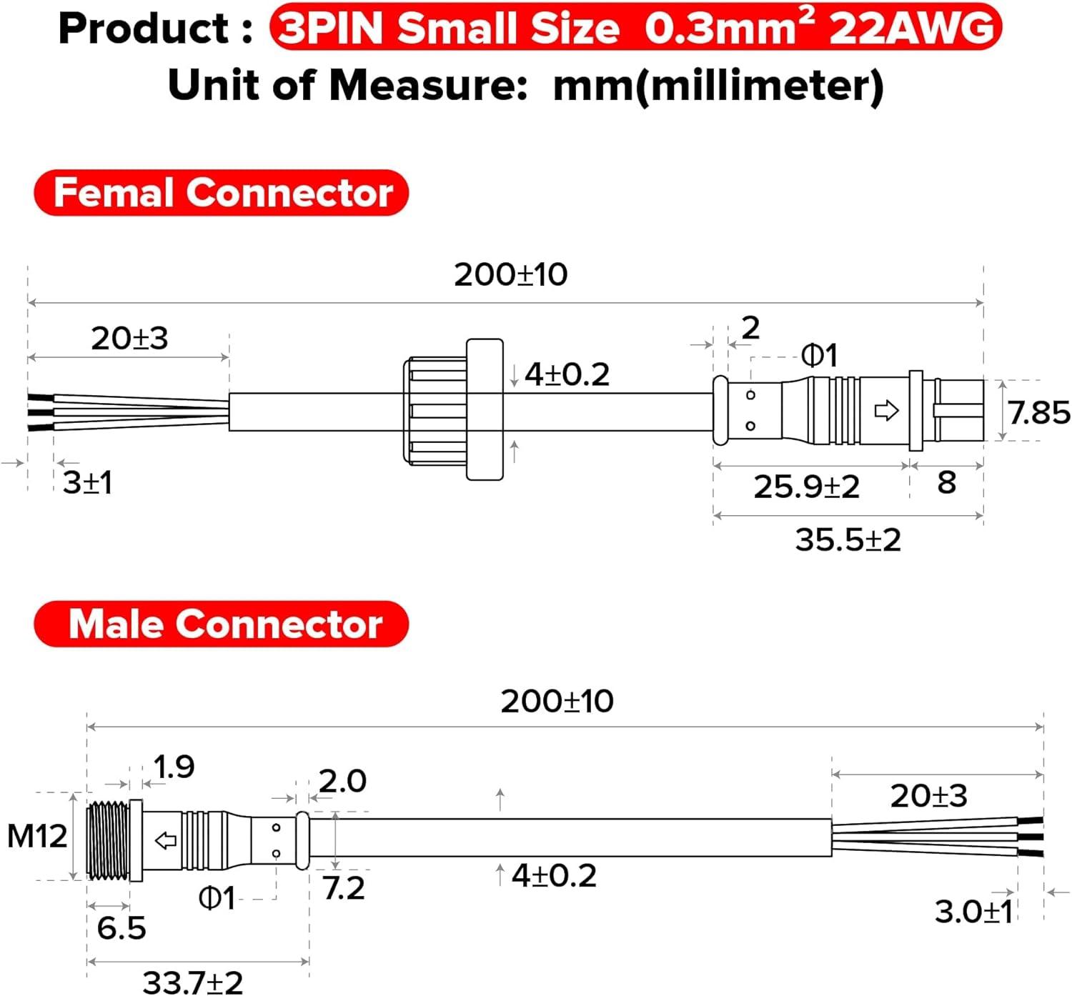 BTF-LIGHTING 3 Pin Electrical Connector 22AWG IP65 Male Female Connector 7.87in/20cm Extension Cable for Car,Truck,Boat,Indoor/Outdoor LED Strip Lights/String 15mm Nut Small Size 5 Pairs
