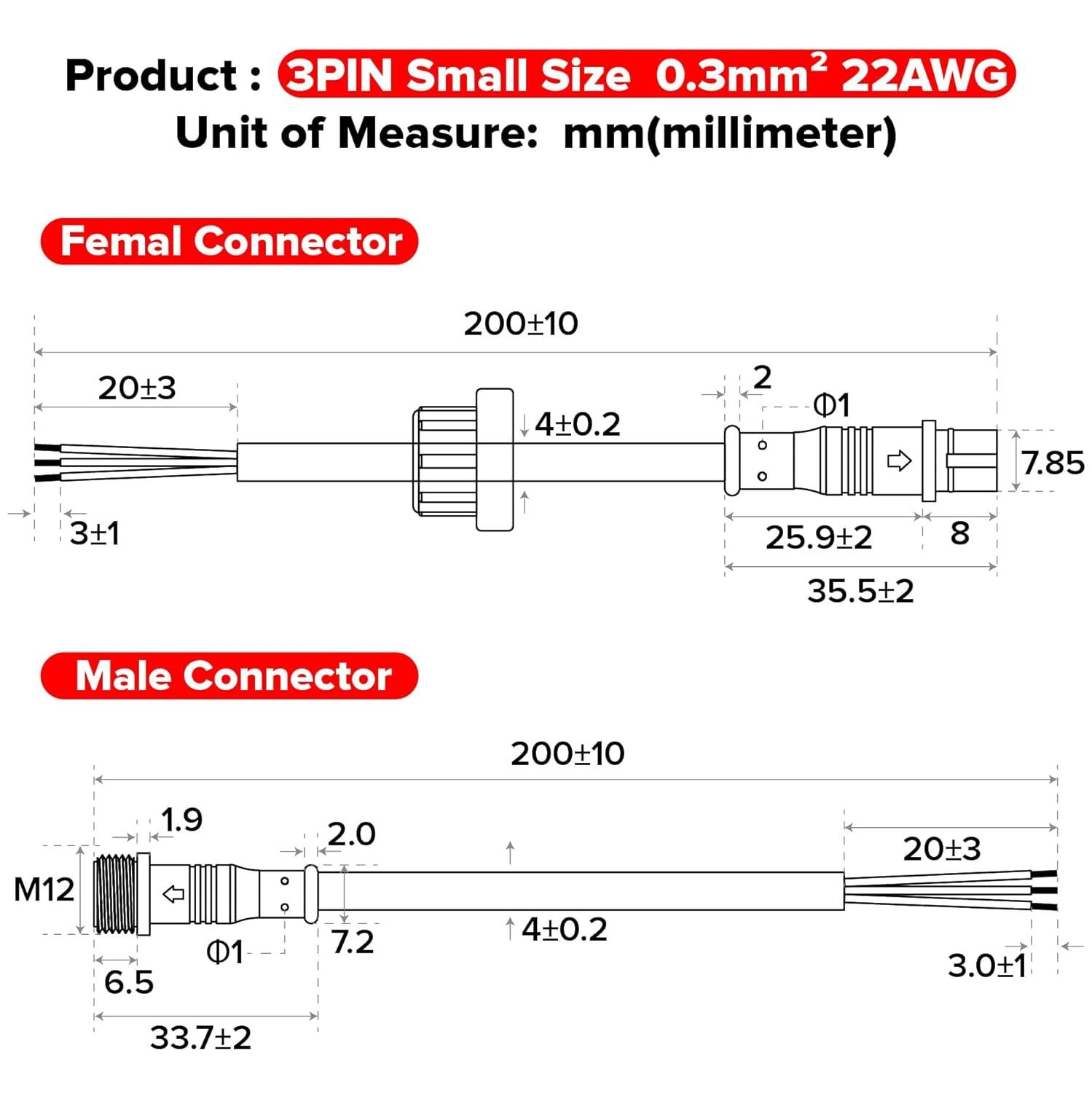 BTF-LIGHTING 3 Pin Electrical Connector 22AWG IP65 Male Female Connector 7.87in/20cm Extension Cable for Car,Truck,Boat,Indoor/Outdoor LED Strip Lights/String 15mm Nut Small Size 5 Pairs