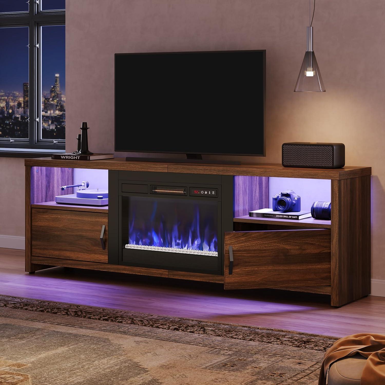Walnut Electric Fireplace TV Stand with Cabinets for 75" TVs