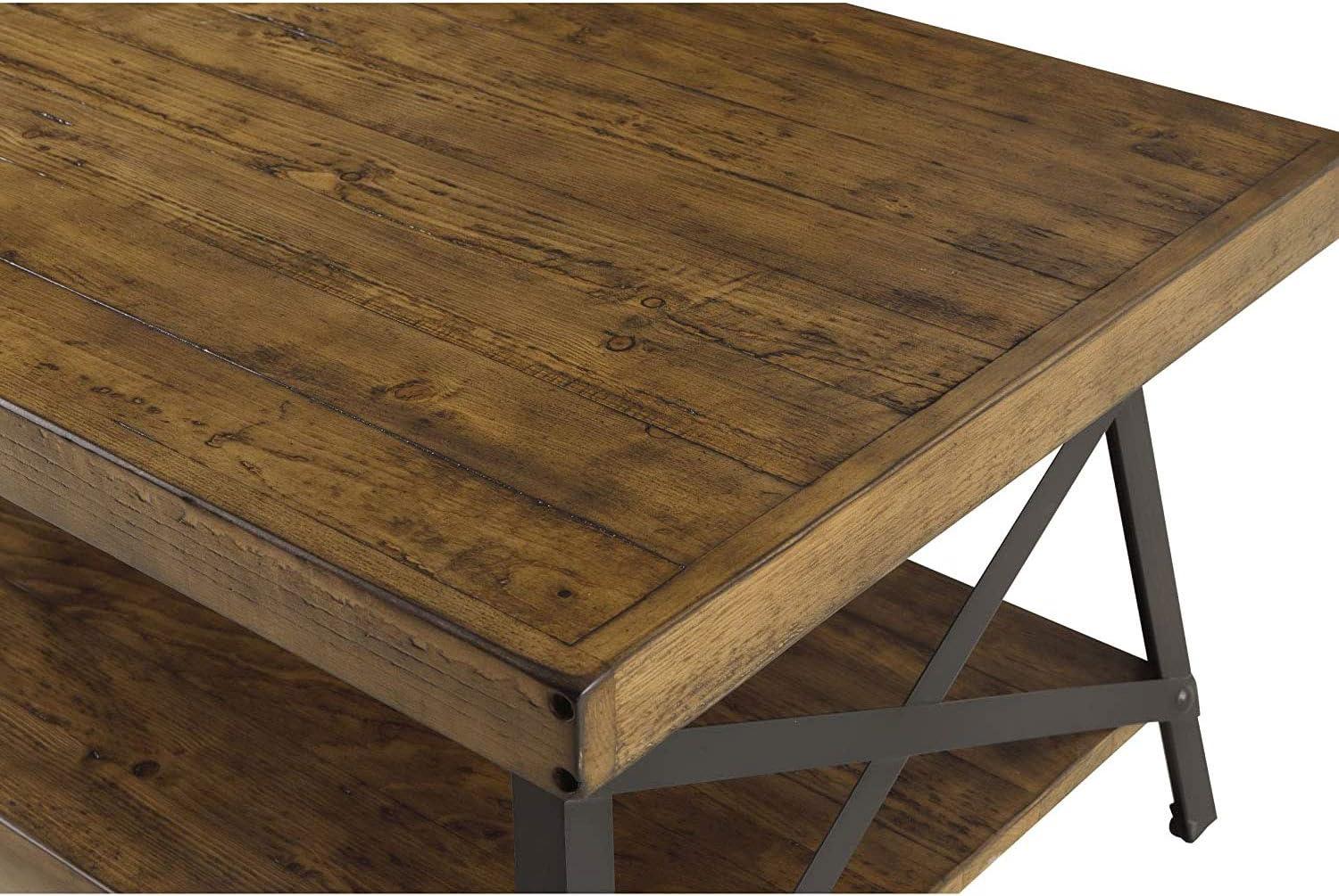 Chandler Pine Brown Solid Wood & Steel Coffee Table with Shelf