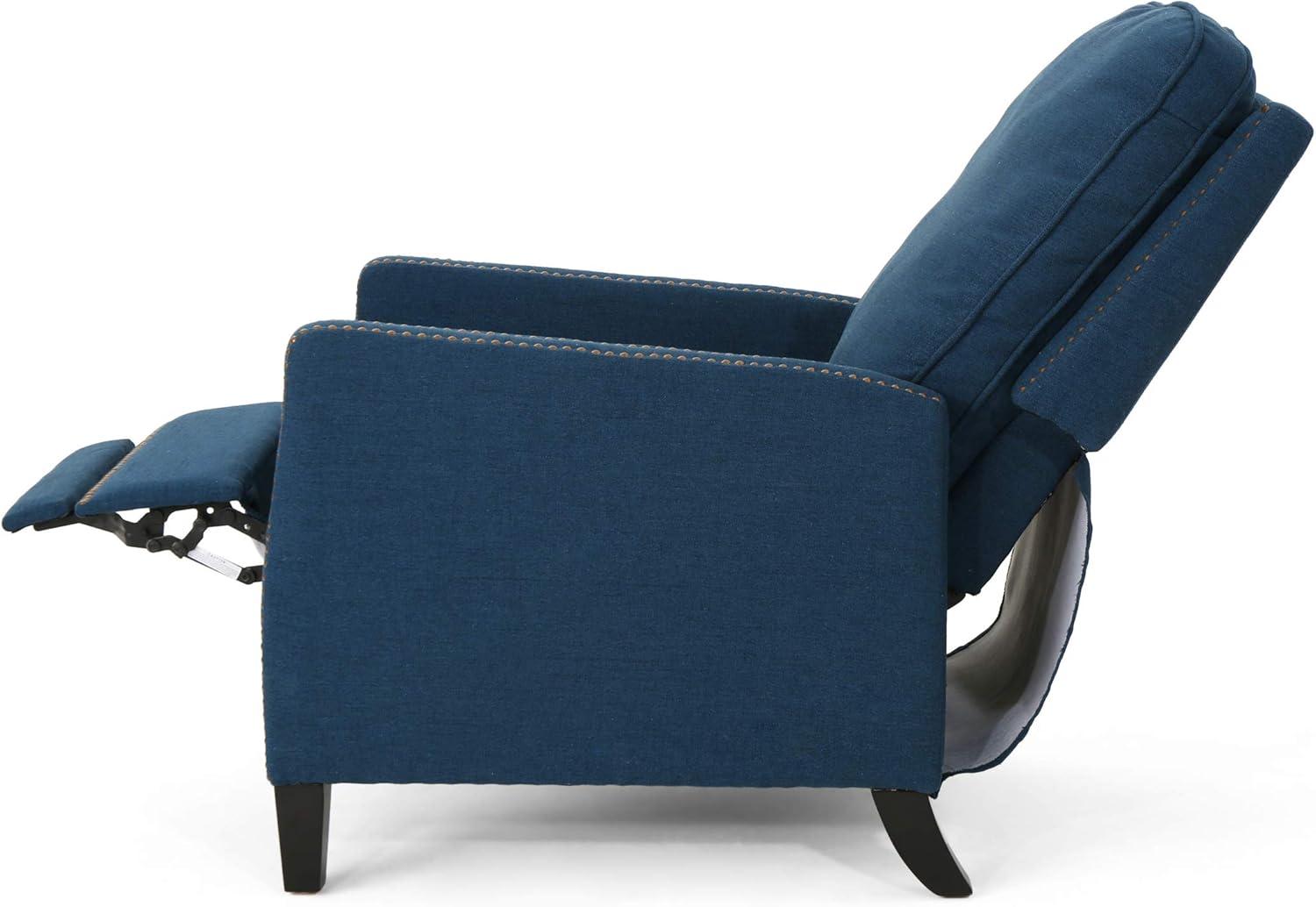 GDF Studio Armstrong Contemporary Fabric Pushback Recliner with Nailhead Trim, Navy Blue and Dark Brown