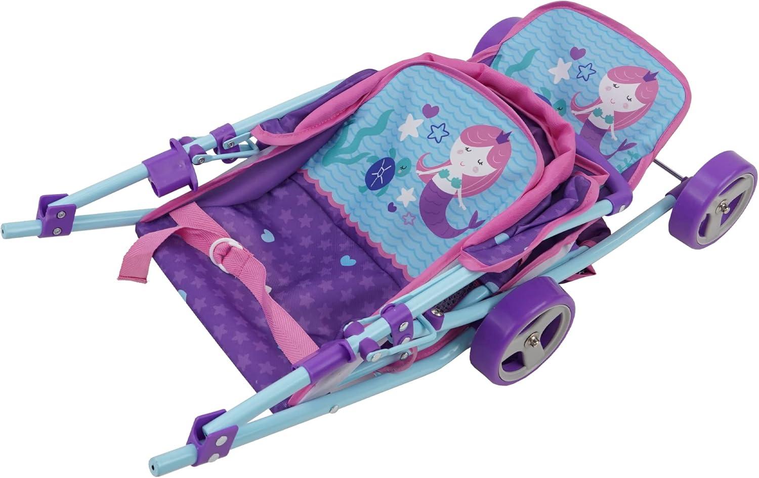 509: Mermaid Twin Doll Stroller W/ Retractable Canopy, 2 Seats