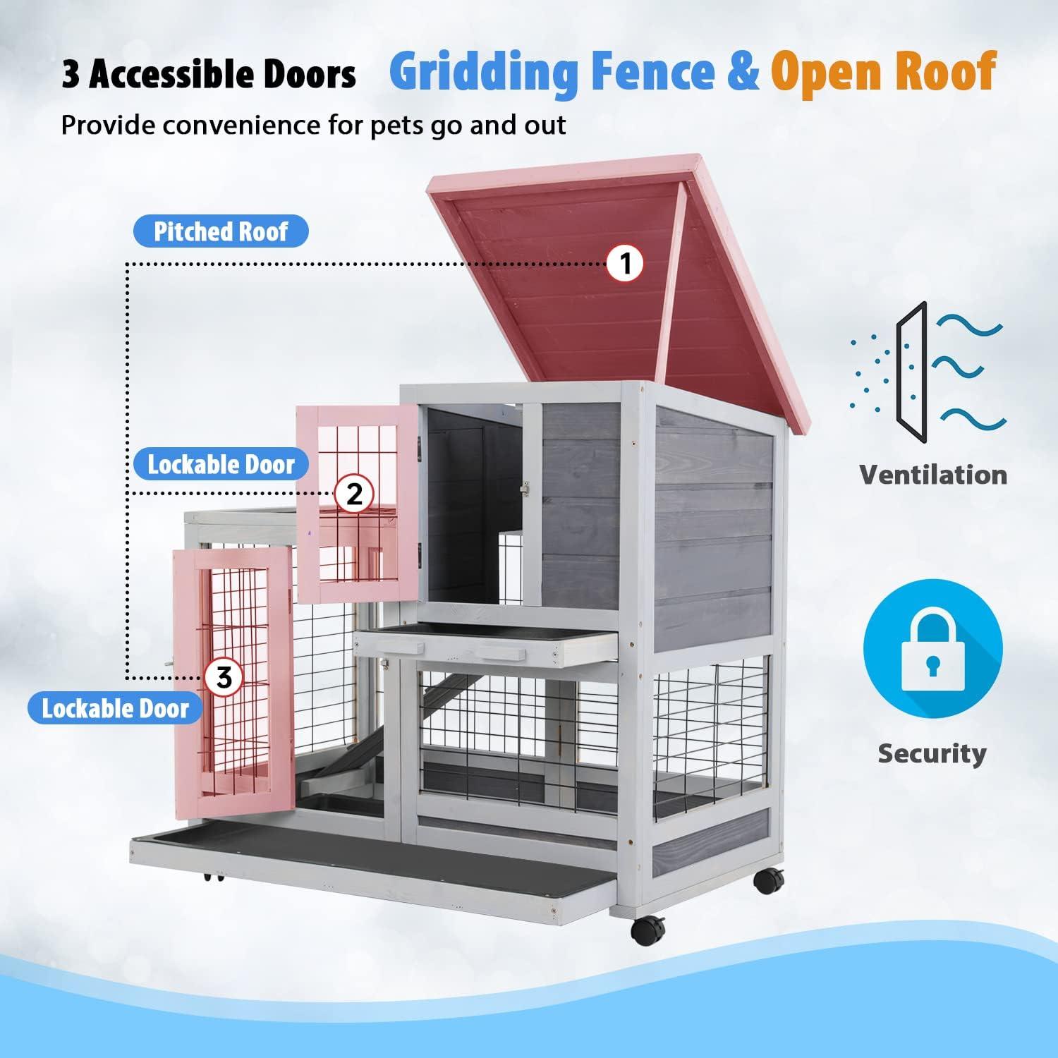 BestPet Rabbit Cage Wooden Rabbit Hutch Two Layers Chicken Coop Outdoor Indoor Guinea Pig Cage Bunny Cage Waterproof Roof Bunny Hutch with Casters and Tray