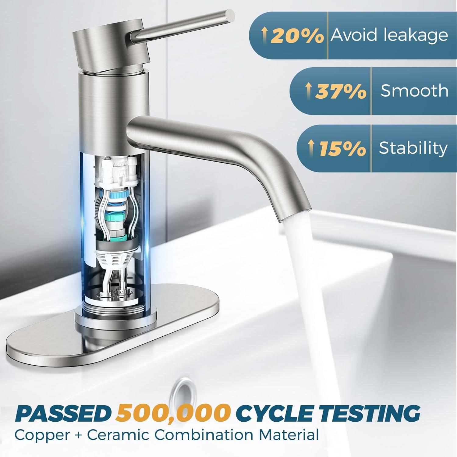 Single Handle Mid-Arc Bathroom Faucet with Deckplate and Pop-Up Drain in Brushed Nickel