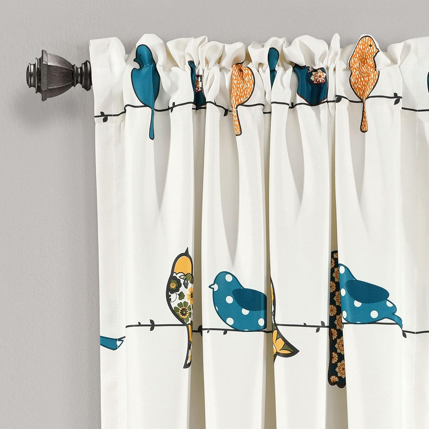 Set of 2 (63"x52") Rowley Birds Light Filtering Window Curtain Panels Blue/Orange - Lush Décor: Microfiber Rod Pocket