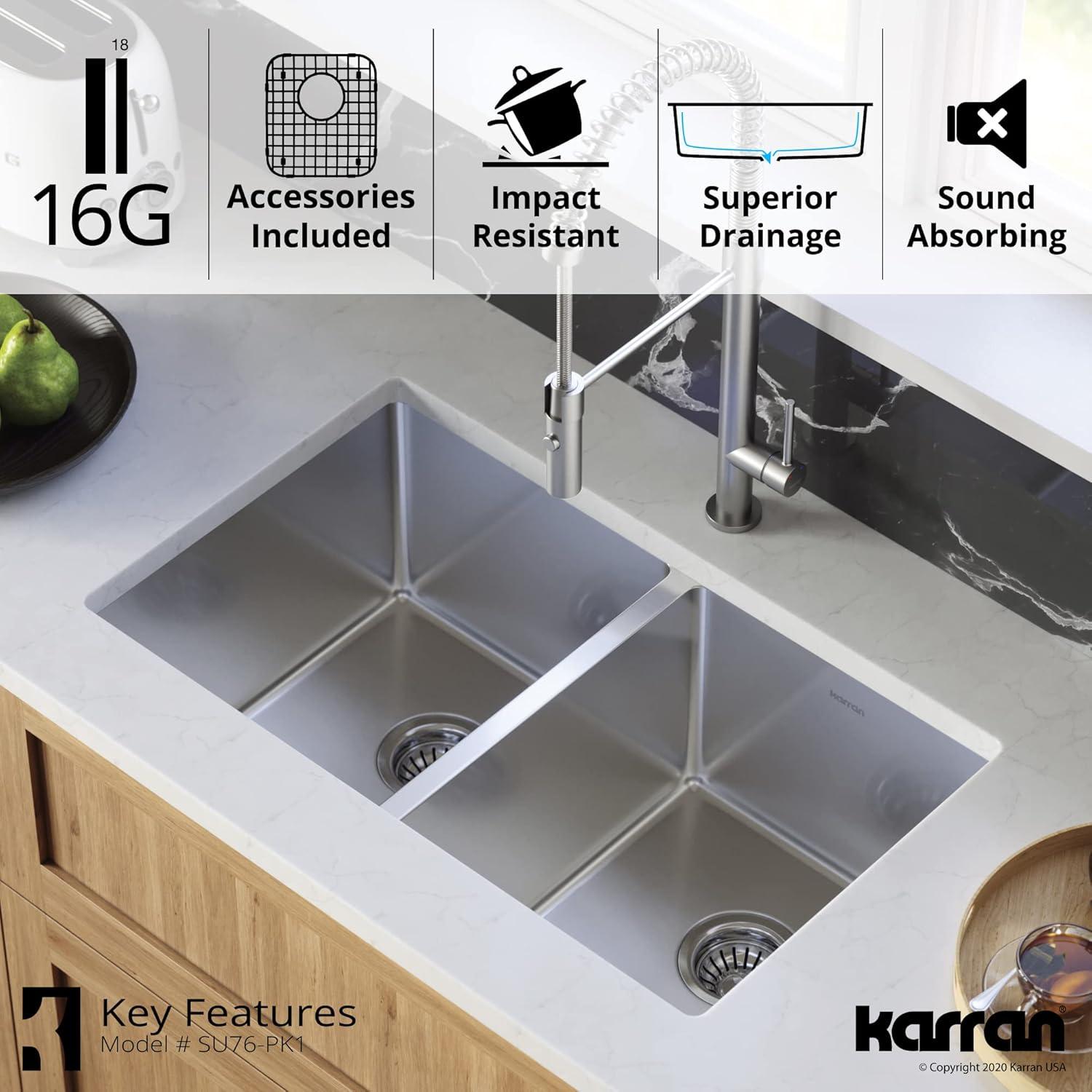 Karran 16-Gauge Stainless Steel 30'' X 18'' 50/50 Double Bowl Undermount Kitchen Sink Kit