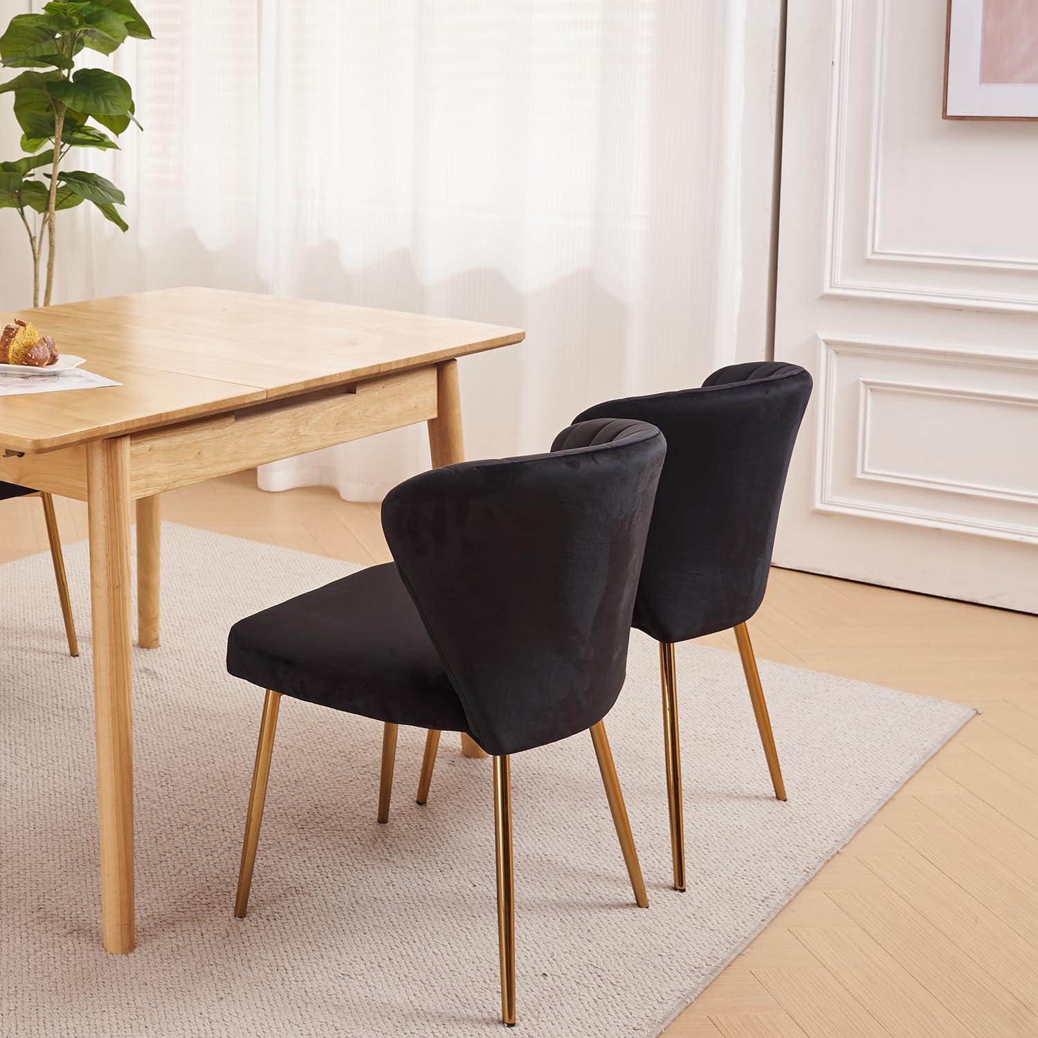 Velvet Dining Chairs Set of 2, Modern Upholstered Vanity Chairs with Golden Metal Legs for Dining Room Kitchen Vanity Patio (Black)