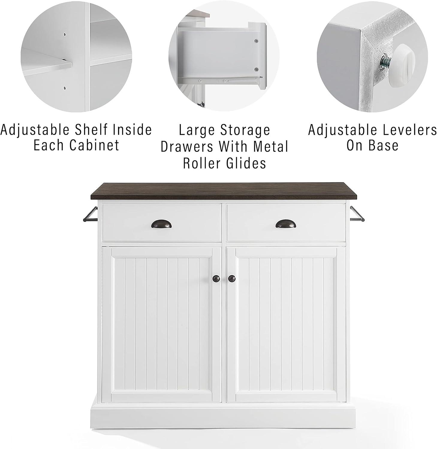 Crosley Shoreline Kitchen Island White/Dark Brown: Adjustable Shelves, Towel Bar, MDF & Veneer Storage Cart