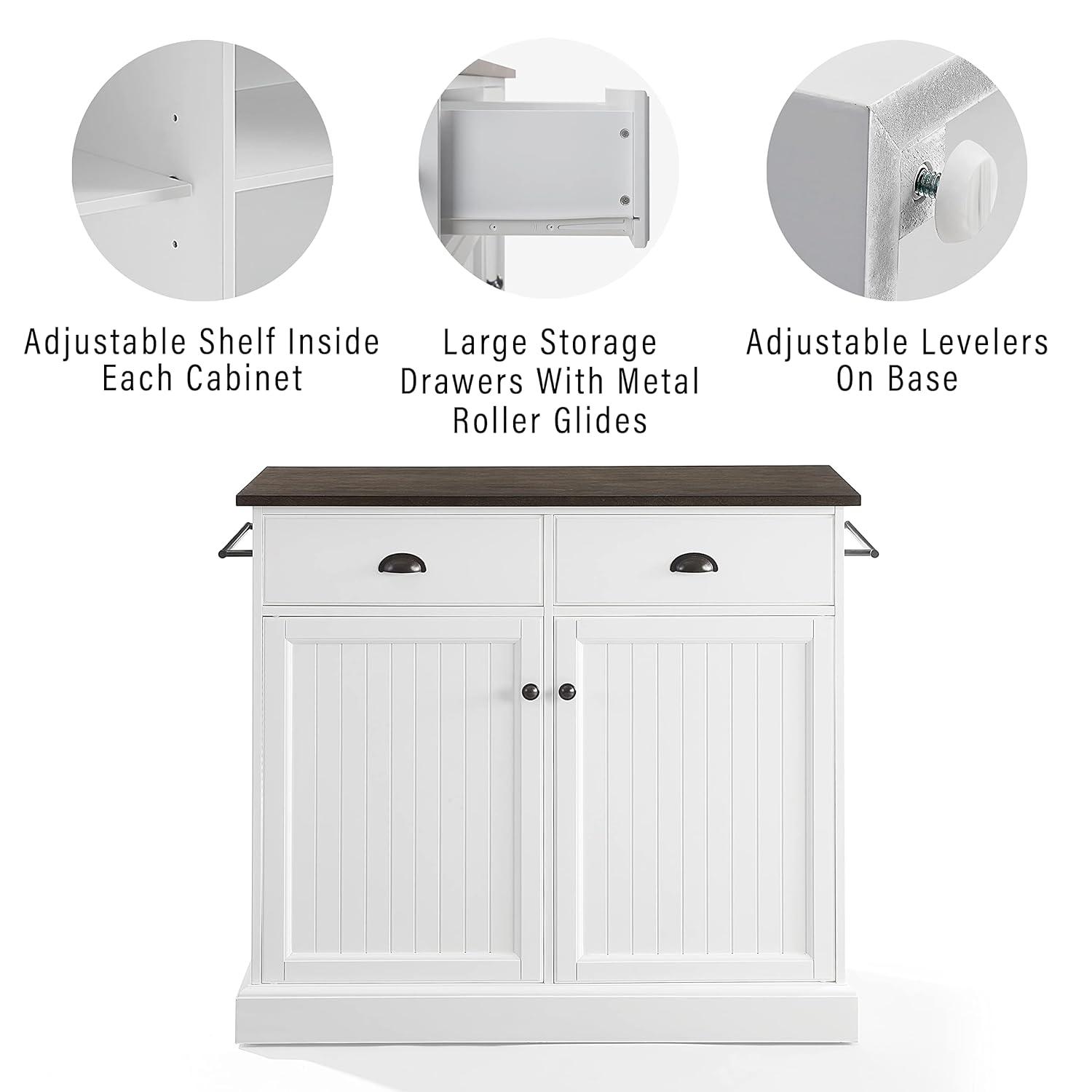 Crosley Shoreline Kitchen Island White/Dark Brown: Adjustable Shelves, Towel Bar, MDF & Veneer Storage Cart