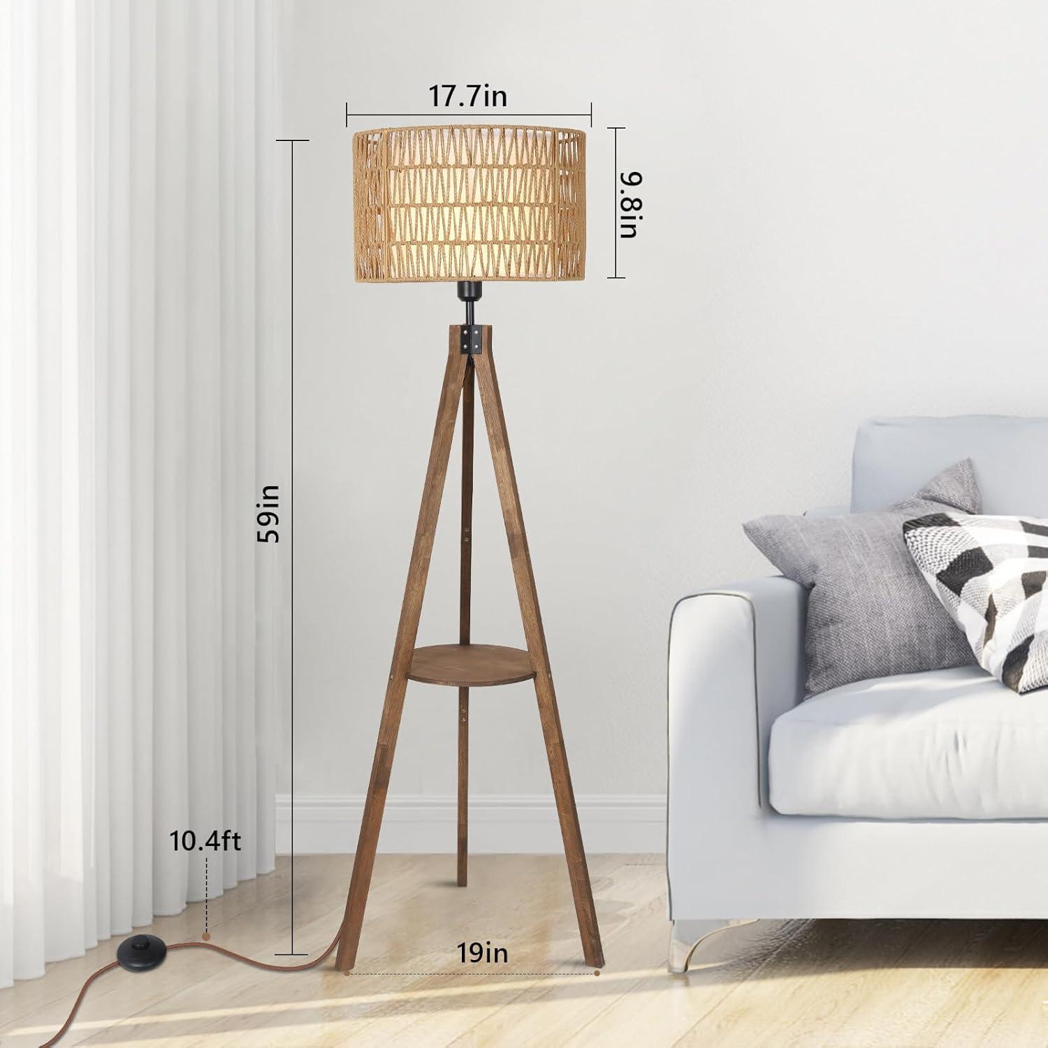 Boho Tripod Floor Lamp with Shelves, Mid Century Wood Standing Lamp with Rattan & Fabric Shades, ON/Off Foot Switch, Modern Farmhouse Tall Floor Lamps for Living Room Bedroom Office
