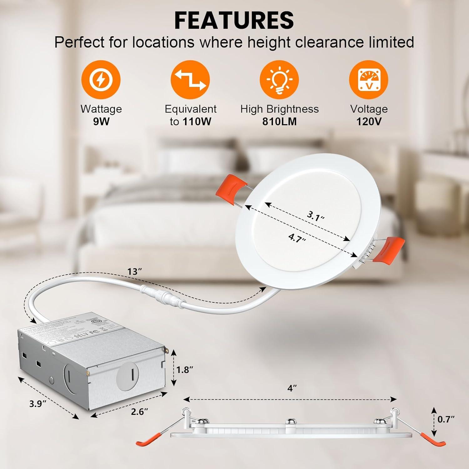 Amico 12 Pack 4 Inch Ultra-Thin Dimmable LED Recessed Lights