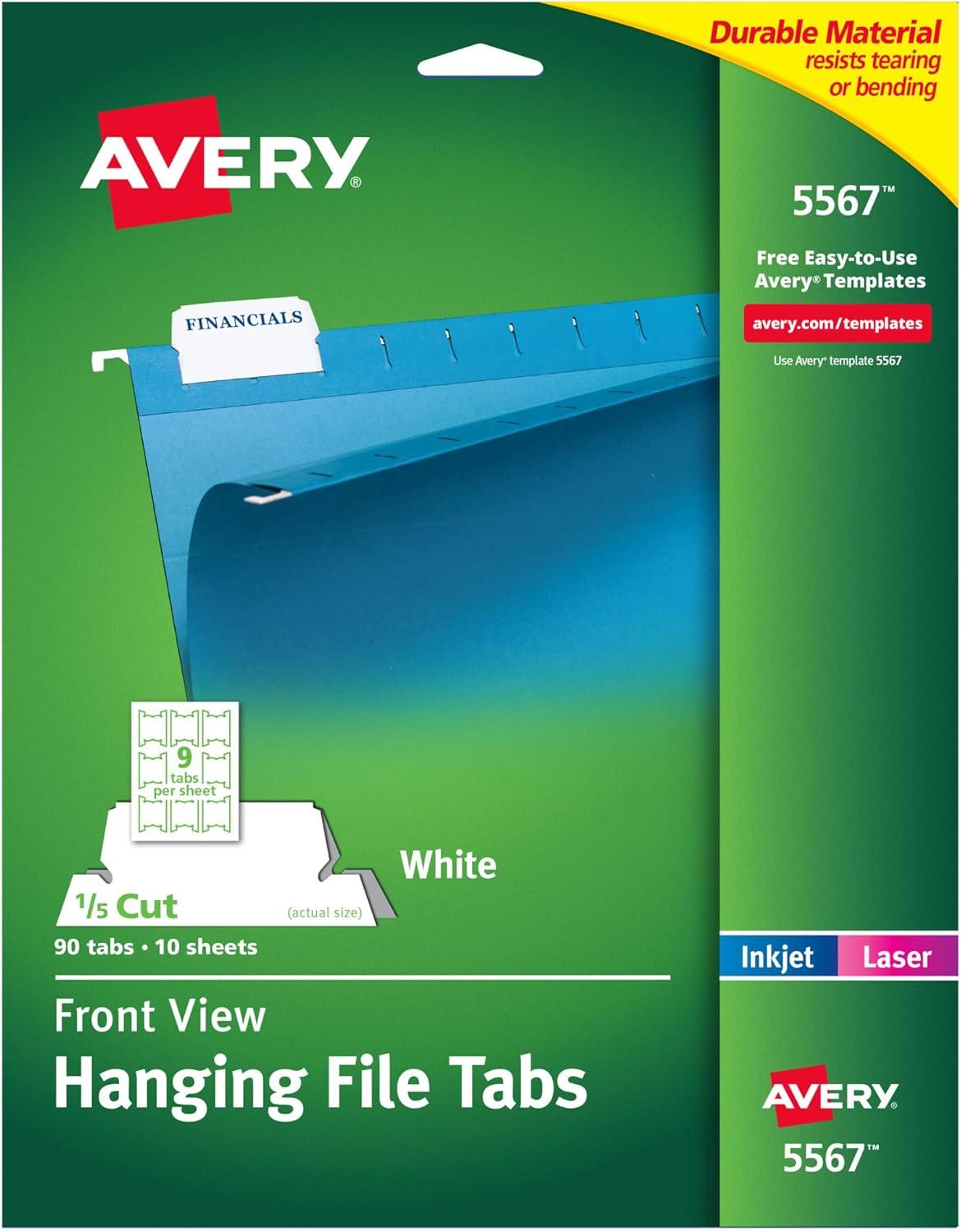 Avery Print/Write-On Hanging Tabs 1/5 Tab 2 1/16 White 90/Pack 5567