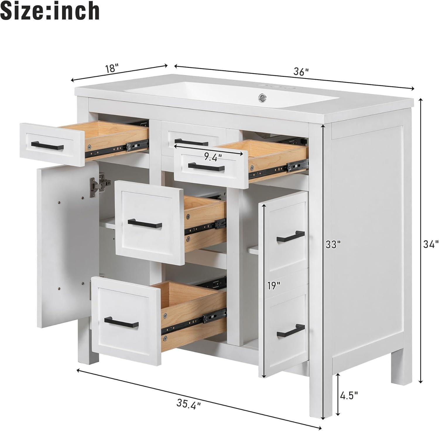 White Freestanding 36" Bathroom Vanity with Resin Sink and Storage