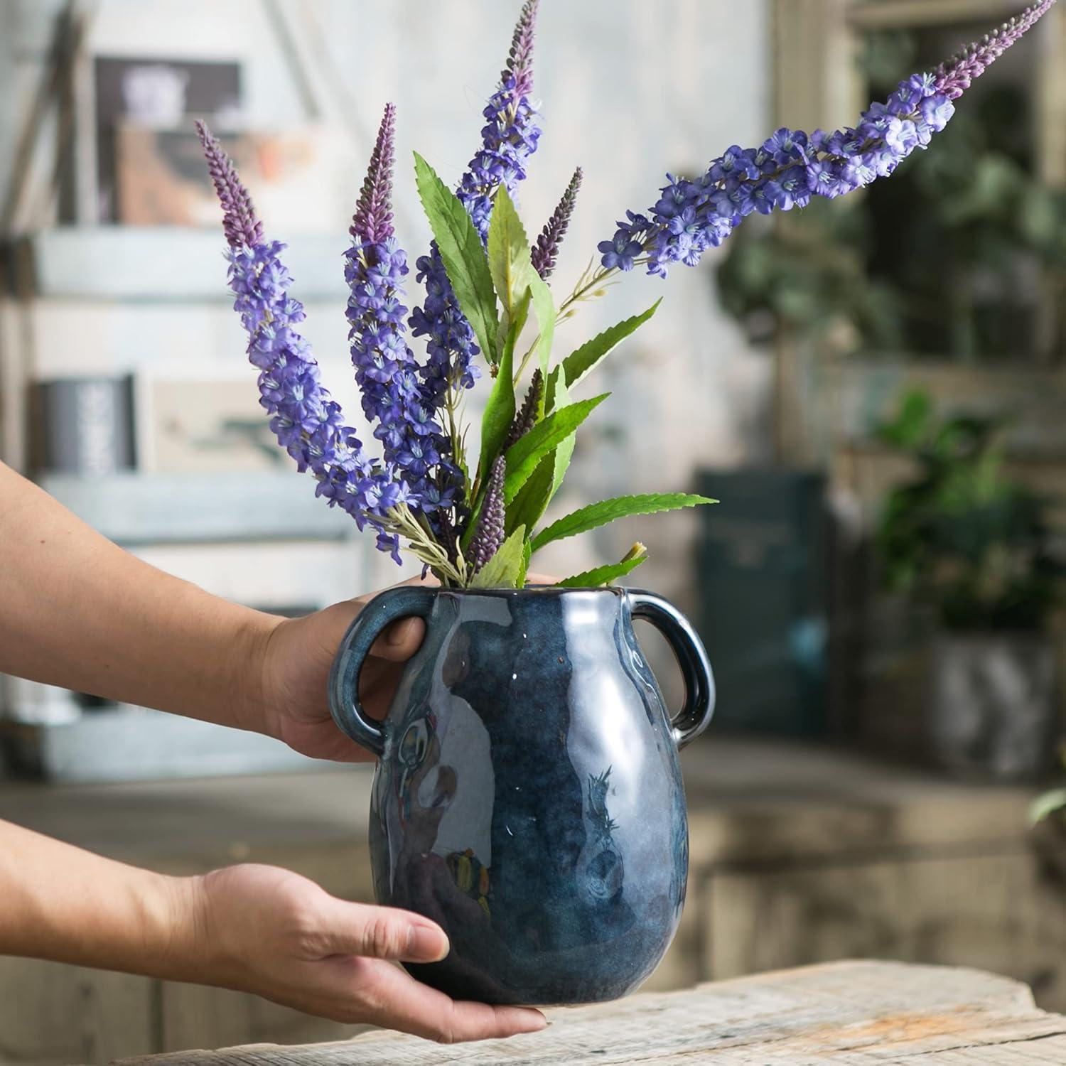 Blue Ceramic Round Vase with Handles for Table Decor