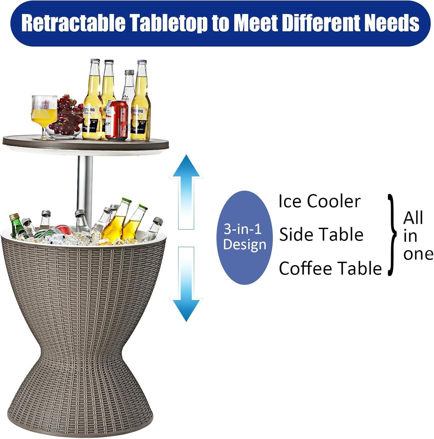 Topcobe 3 in 1 8 Gallon Patio Rattan Cooler Bar Table with Adjust Ice Bucket, Outdoor Patio Furniture for Balcony Garden Backyard -Brown