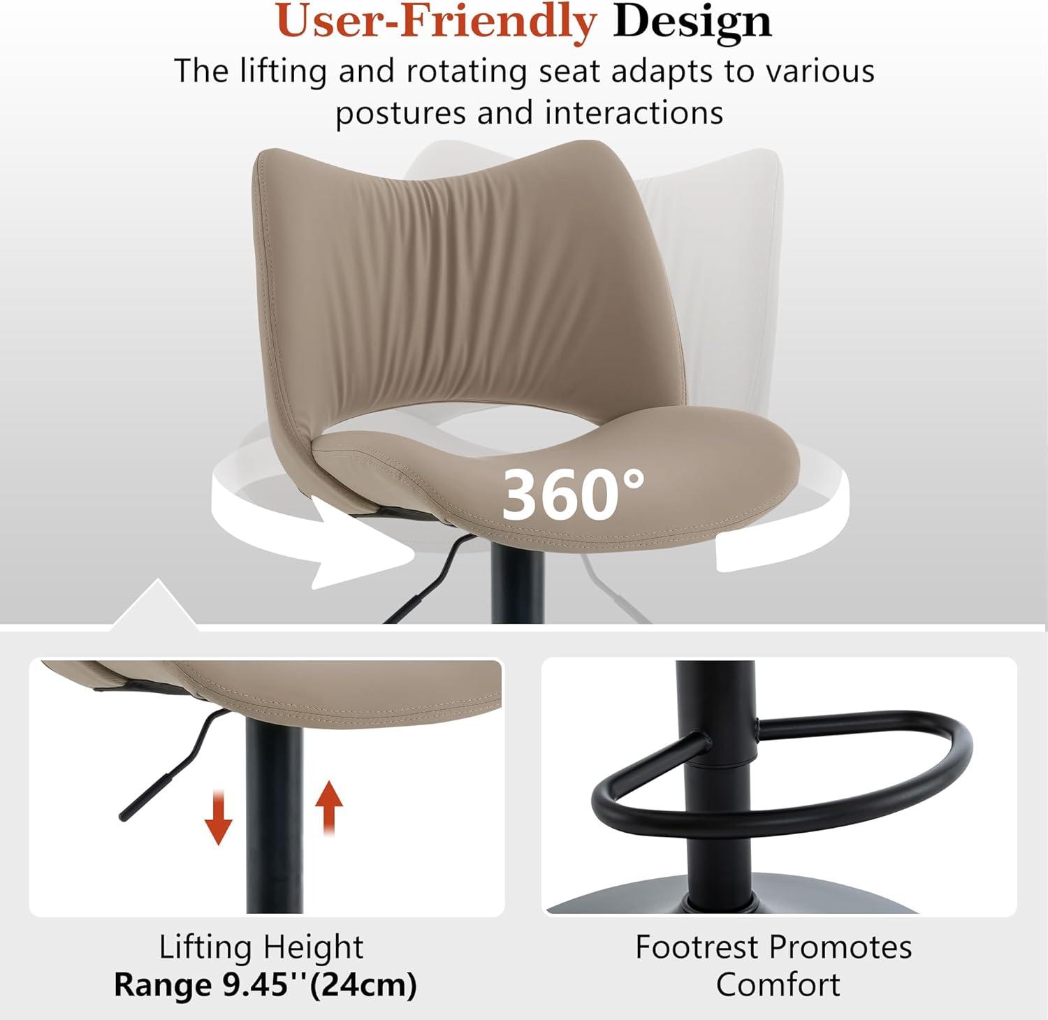 Khaki Adjustable Swivel Faux Leather Bar Stools with Metal Base