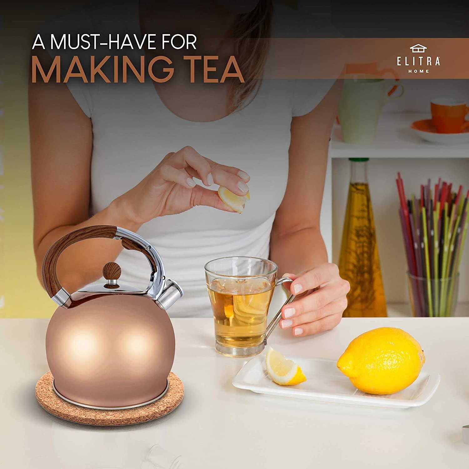 Elitra Stove Top Whistling Fancy Kettle - Stainless Steel Tea Pot with Ergonomic Handle - 2.7 Qt / 2.6 L - Rose Gold