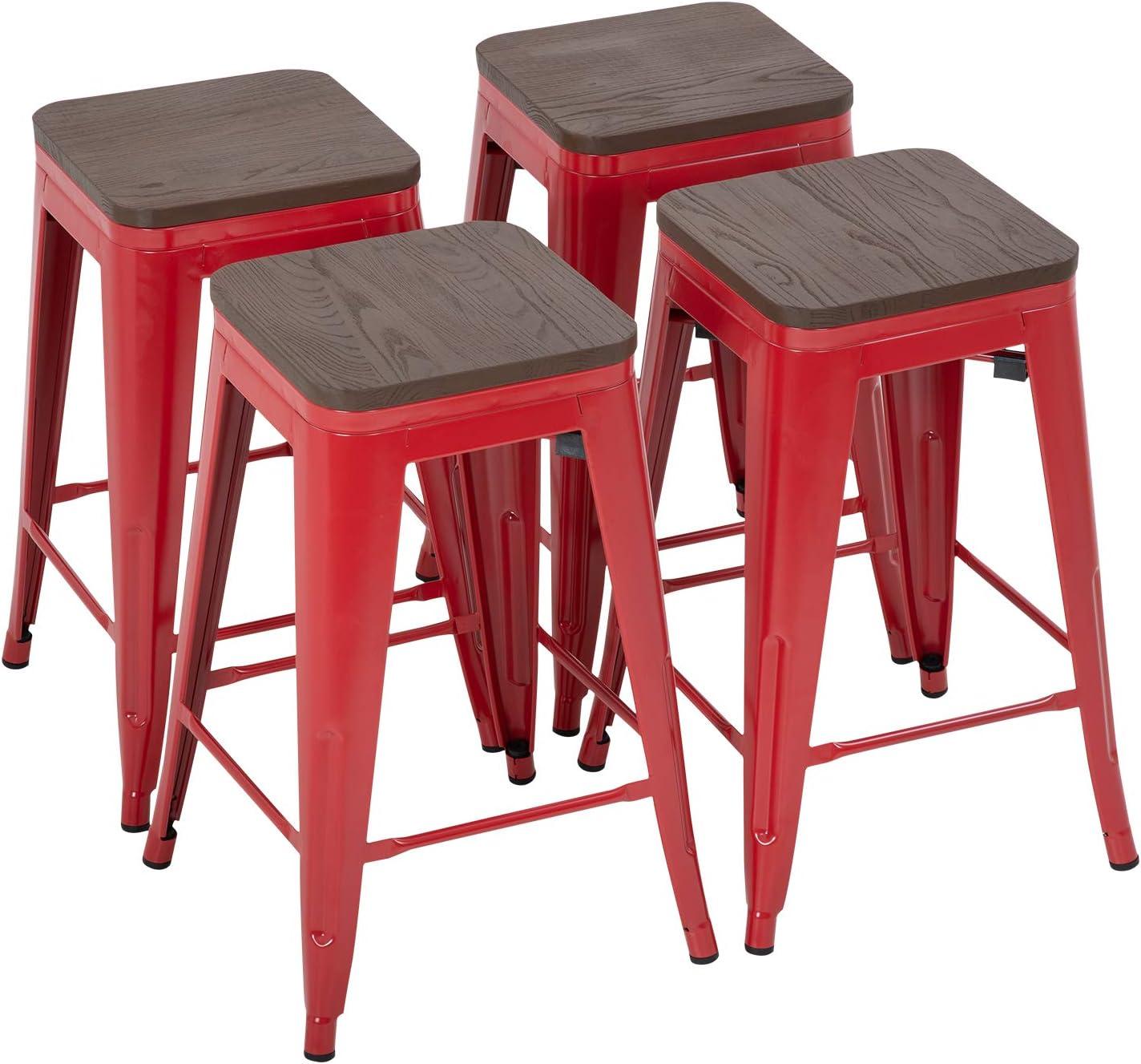 24" Red Metal Bar Stools with Wood Seat, Set of 4
