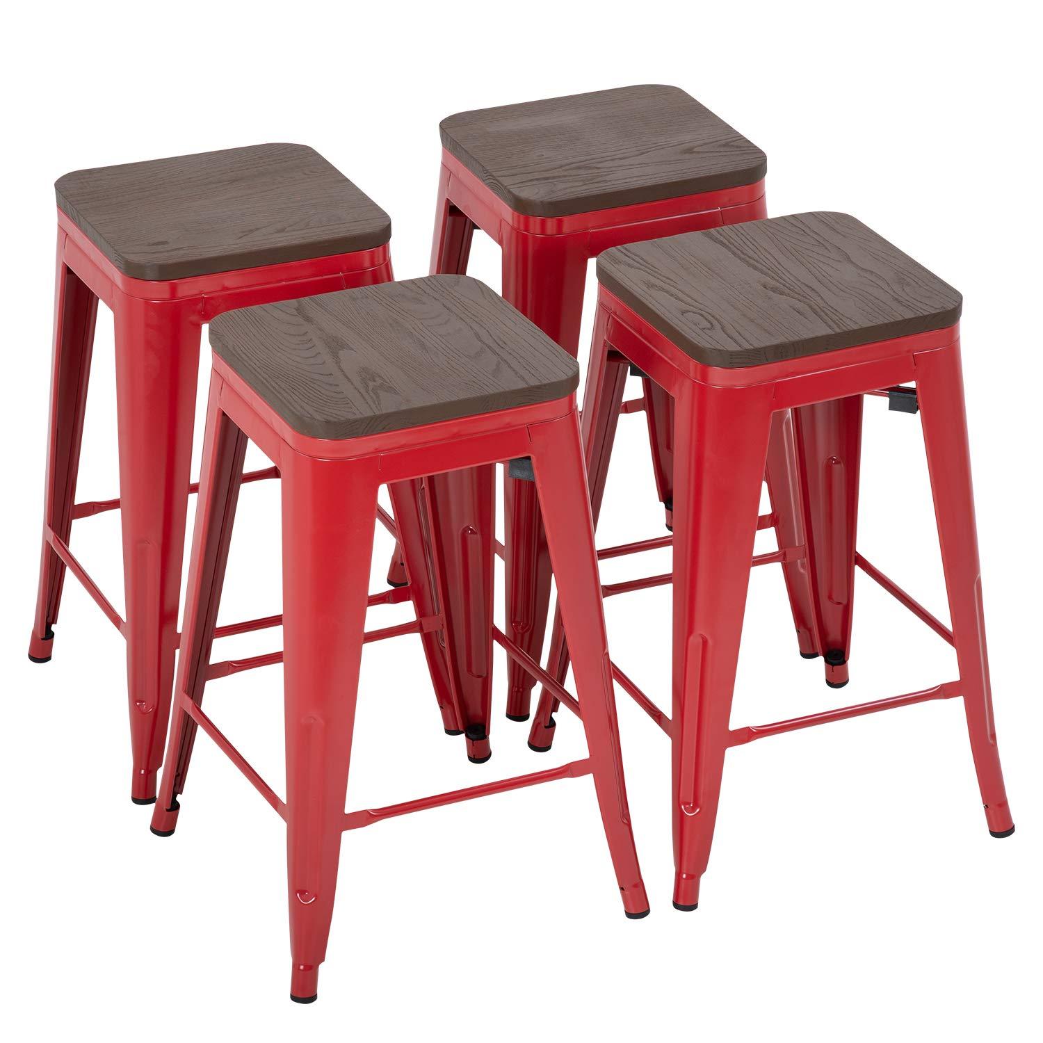 24" Red Metal Bar Stools with Wood Seat, Set of 4