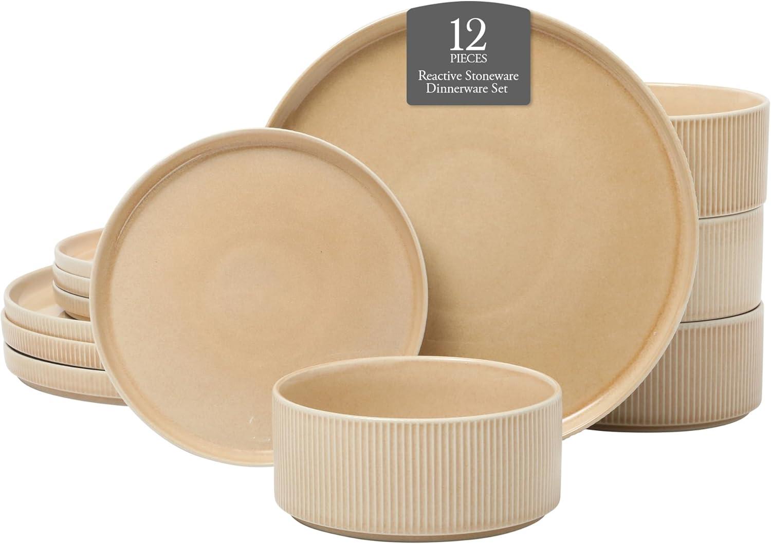 Gibson Elite Solana Coast 12 Piece Stoneware Reactive Glaze (Service for 4) Ceramic Plates and Bowls Modern Shape Embossed Dinnerware Set - Orange