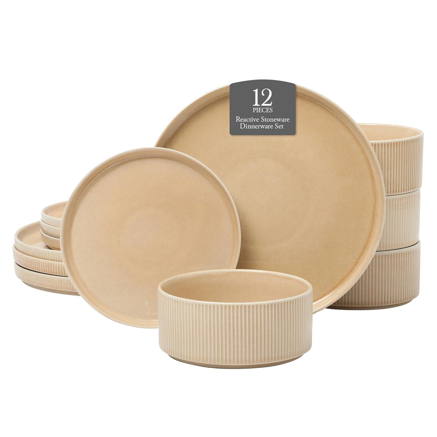 Gibson Elite Solana Coast 12 Piece Stoneware Reactive Glaze (Service for 4) Ceramic Plates and Bowls Modern Shape Embossed Dinnerware Set - Orange
