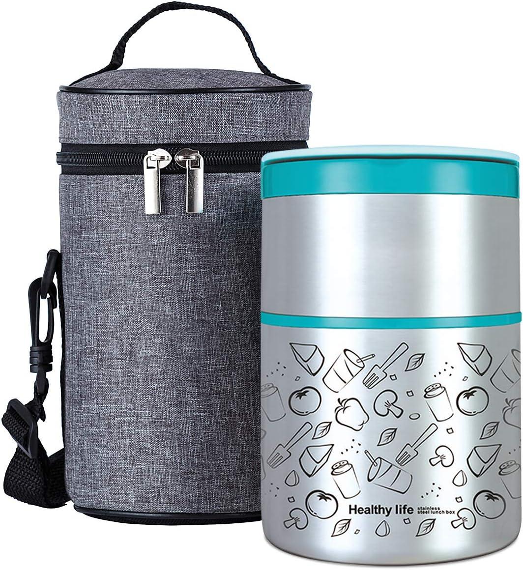 Lille Home Vacuum Insulated Stackable Stainless Steel Thermal Lunch/Snack box, 2-Tier Bento/Food Container with Lunch bag, Smart Diet, Weight Control, 32 Ounces, Blue