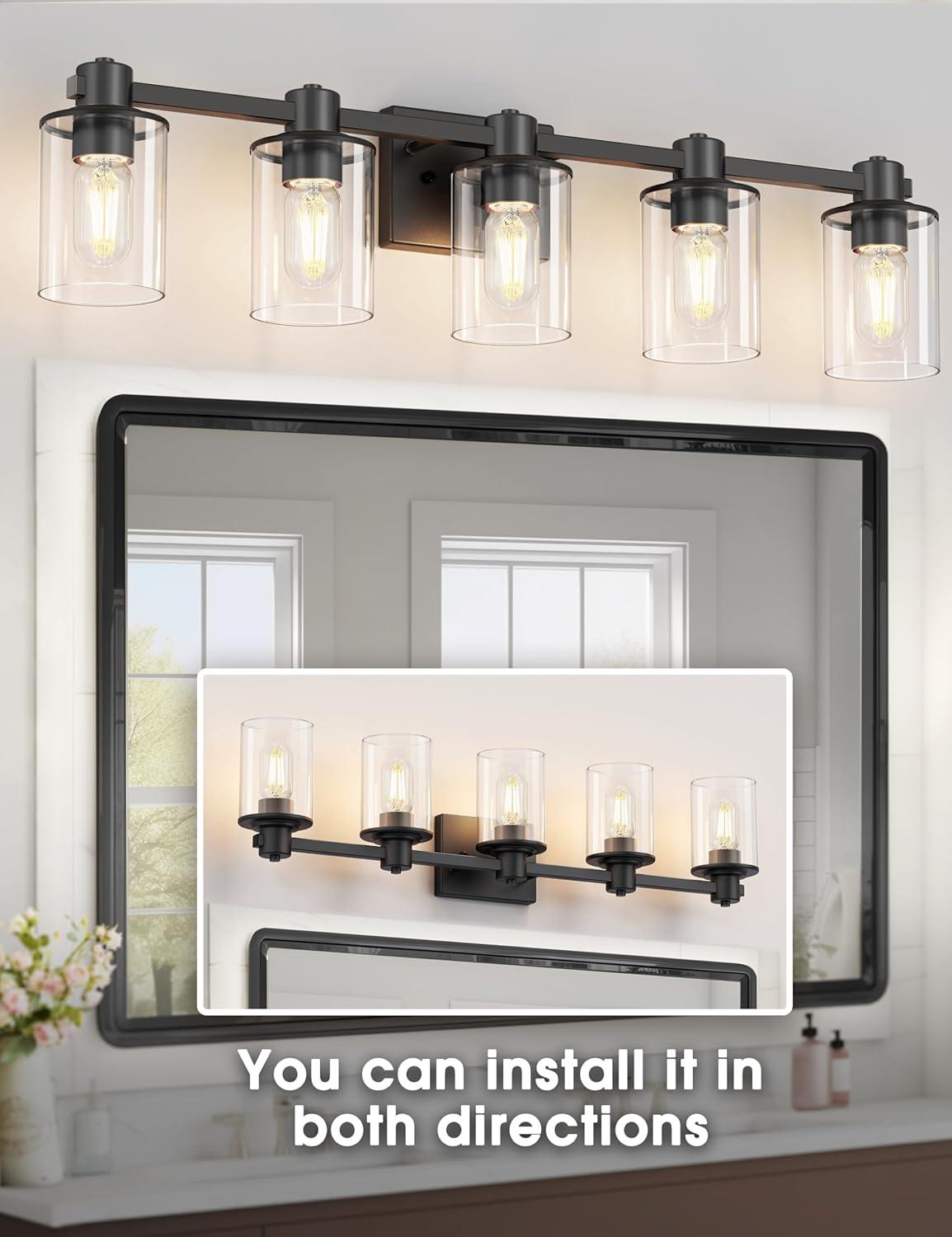 Matte Black 5-Light Bathroom Vanity Fixture with Glass Shades