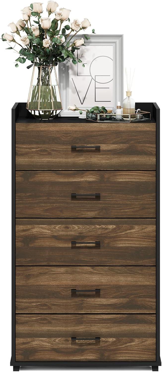 Furinno Tidur Modern Organization and Storage Handle Bedroom 5-Drawer Chest Dresser, Columbia Walnut/Black