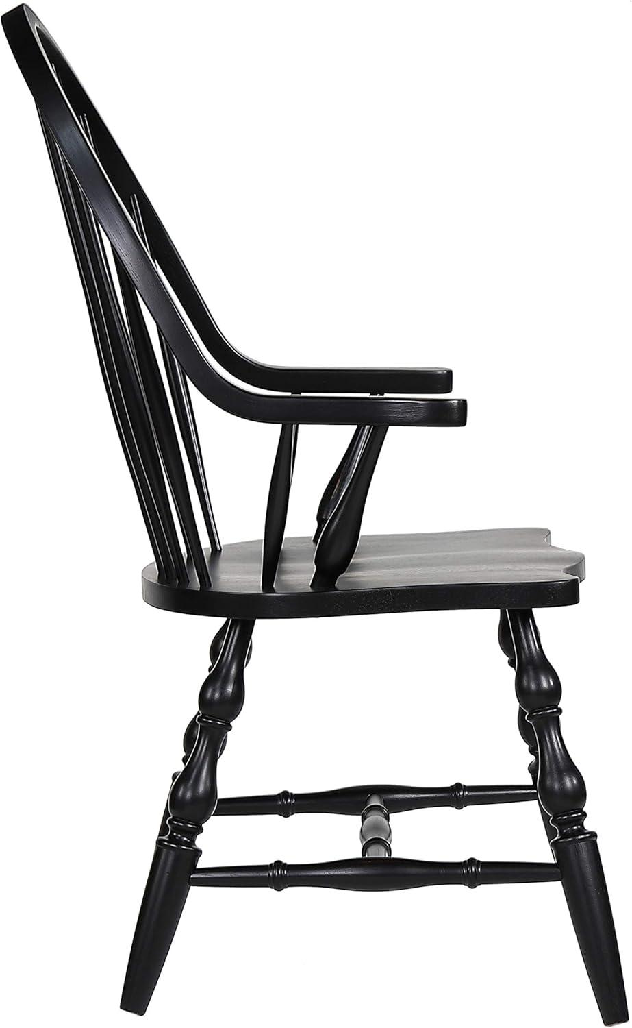 Sunset Trading Black Cherry Selections Windsor Spindleback Dining Chair with Arms | Fully Assembled Kitchen Armchair| Modern Farmhouse Minimalist Country Cottage | Antique Black Solid Wood