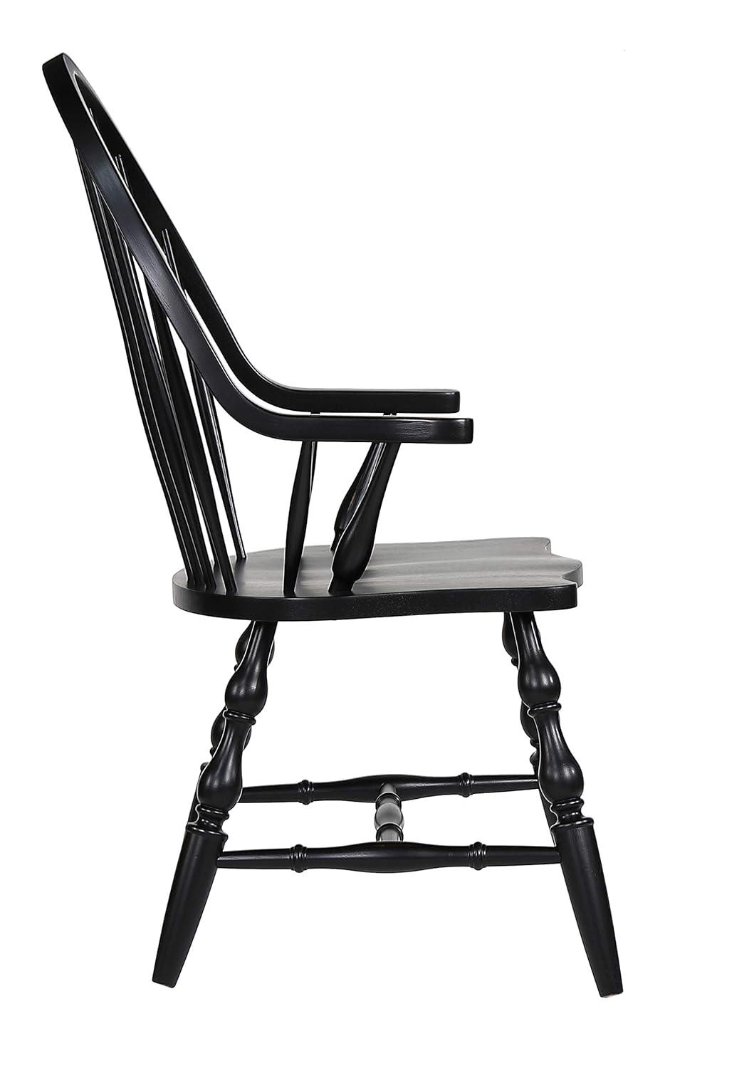 Sunset Trading Black Cherry Selections Windsor Spindleback Dining Chair with Arms | Fully Assembled Kitchen Armchair| Modern Farmhouse Minimalist Country Cottage | Antique Black Solid Wood