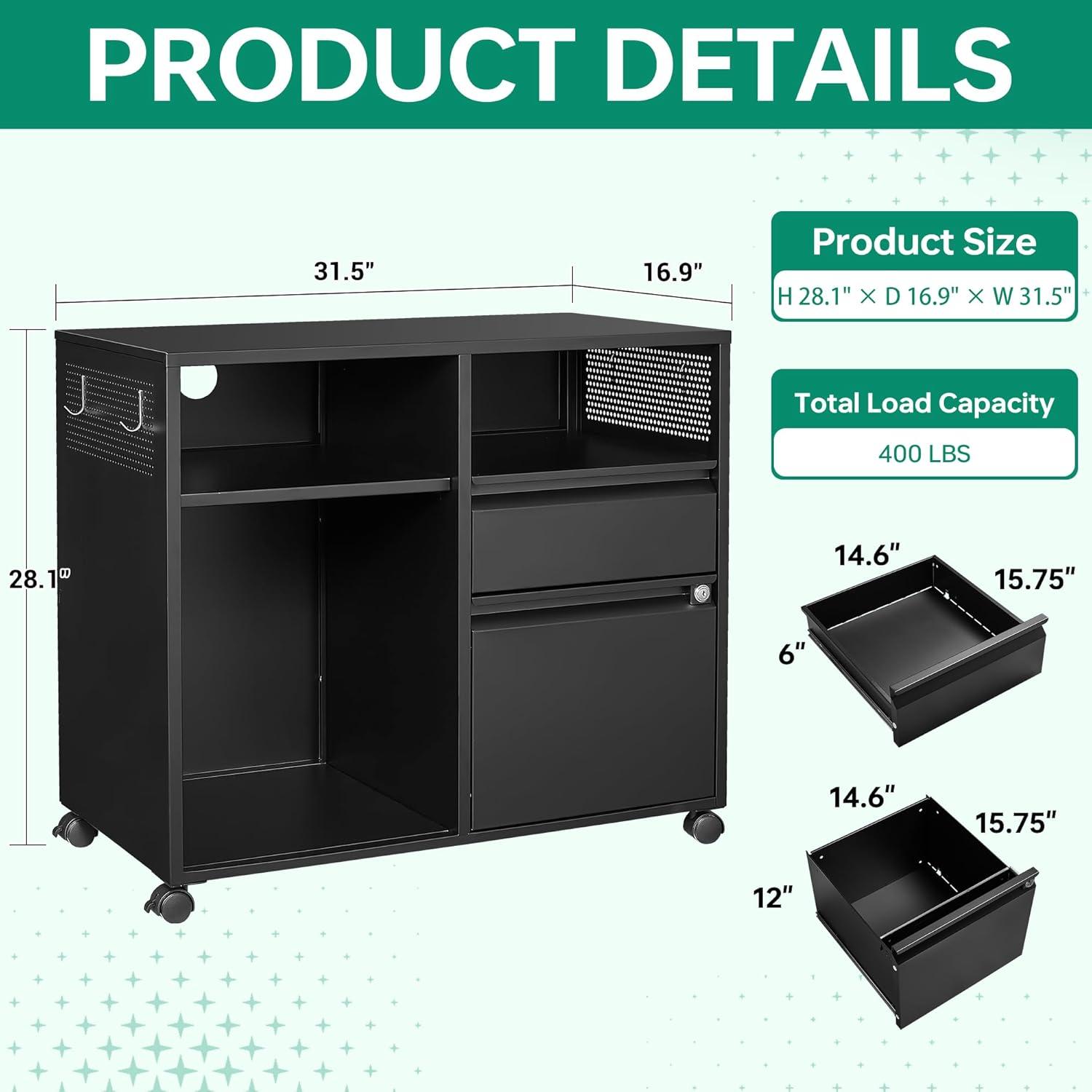 Fesbos Mobile File Cabinet, Metal Lateral Rolling Printer Stand Filing Cabinets with Shelves for Home Office-Storage A4/F4/Letter/Legal