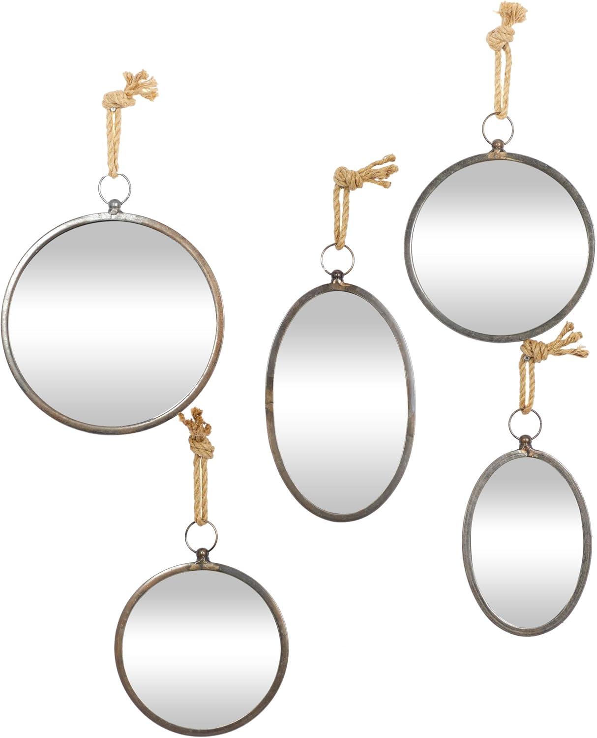 Gray Metal Round and Oval Wall Mirrors with Rope Hangers, Set of 5