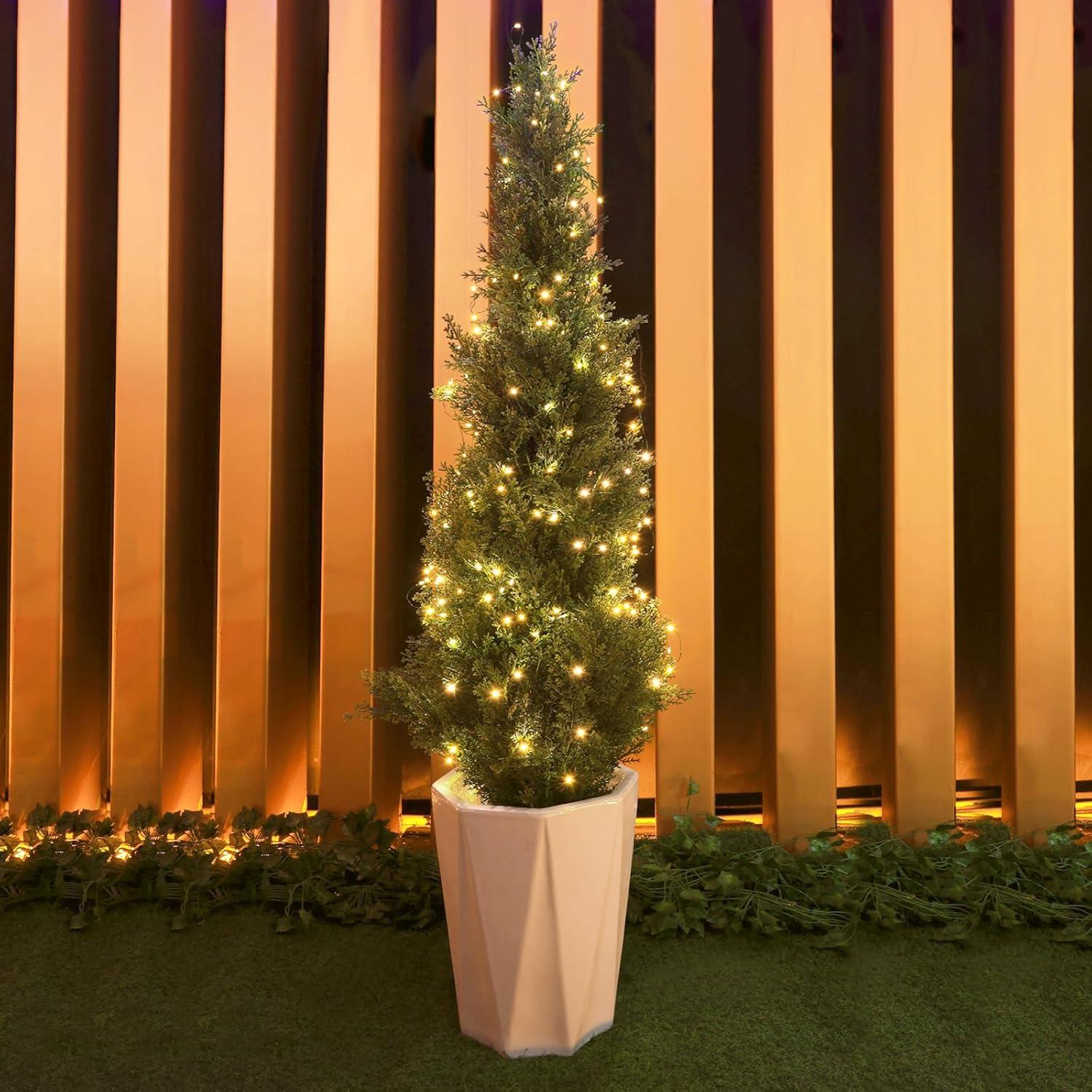 4FT 2-Pack Artificial Cedar Topiary Trees UV Resistant Potted Shrubs Fake Plants, Faux Pine Tree Plant for Home Office Garden Front Porch Patio Indoor Outdoor Party Wedding  Decor