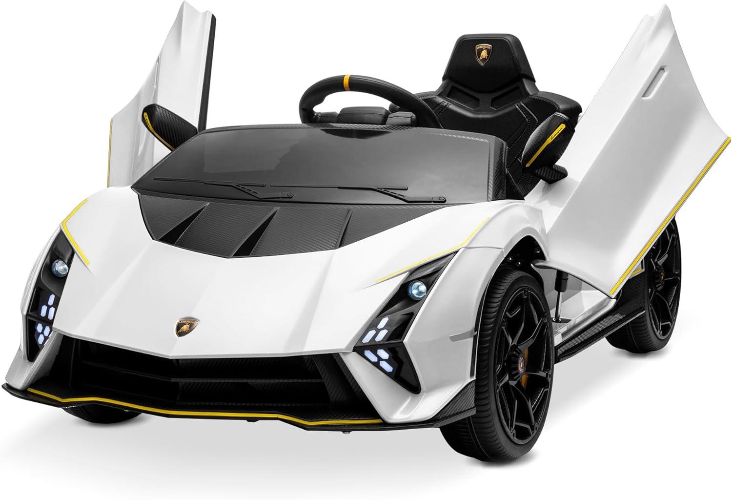 Kidzone 12V Ride On Car, Licensed Lamborghini Autentica Electric Vehicle Toy for 3-6 Years Kids & Toddler, Battery Powered Sports Car w/2 Speed, Parent Control, Bluetooth, Spring Suspension - White