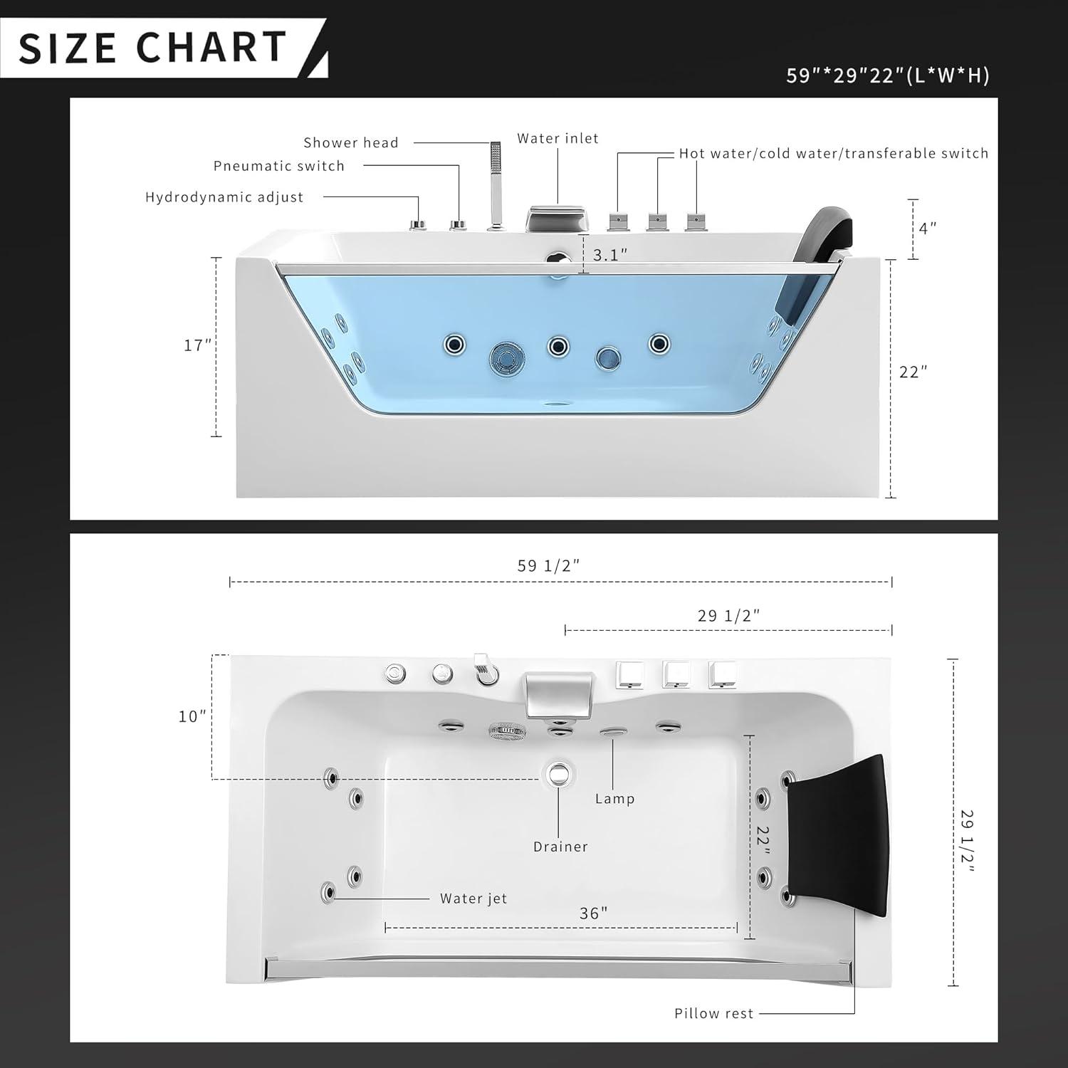 59-Inch White Acrylic Rectangular Whirlpool Bathtub with Jets and Blue Glass Panel