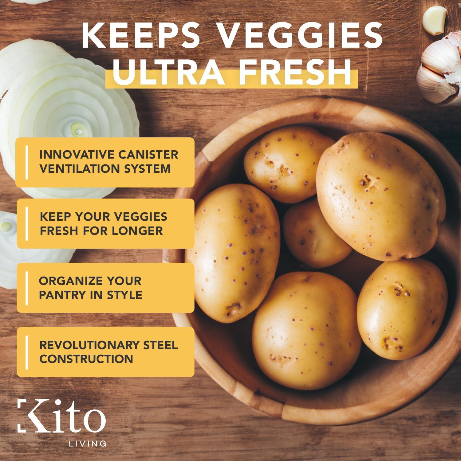 Canisters Sets for Kitchen Counter Storage and Organization with Wooden Bamboo Lids, Food Pantry Containers, Stackable Steel Storage Bins, Potato Storage Onion Keeper Garlic - Cream