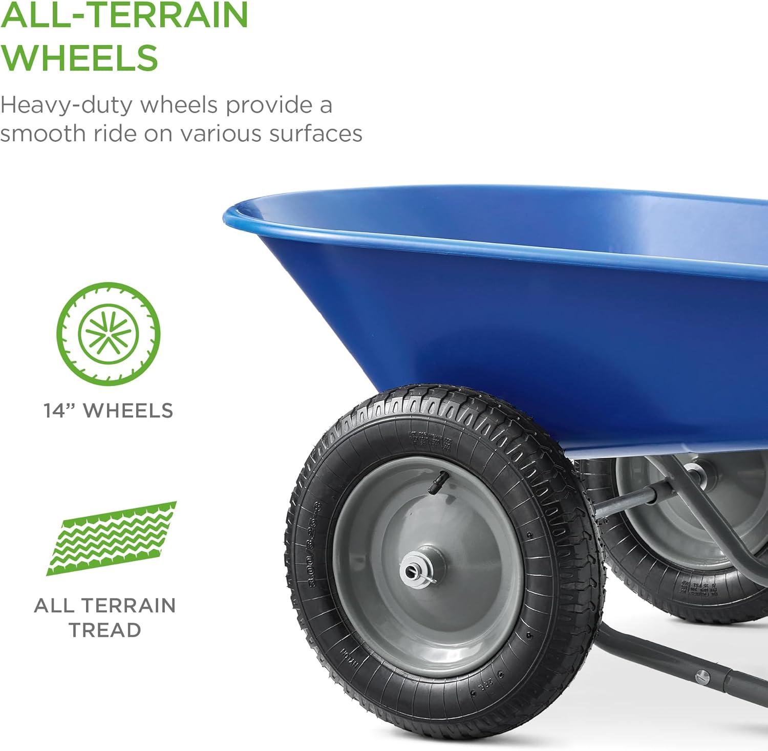 Best Choice Products Dual-Wheel Home Wheelbarrow Yard Garden Cart for Lawn, Construction - Blue