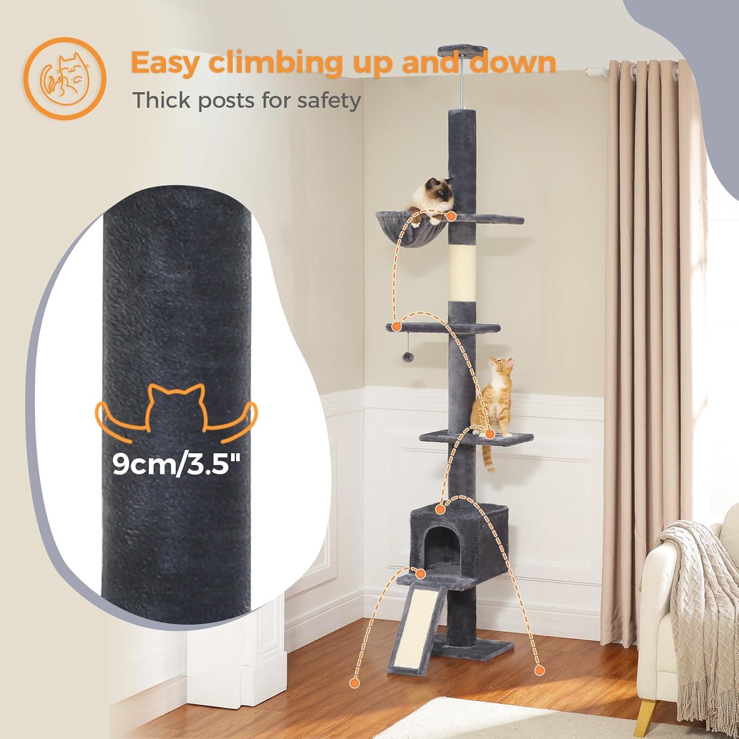 Adjustable Height Floor To Ceiling 5-Tier Tall Cat Tree Tower For Indoor Cats With Cat Condo, Cat Scratching Post And Cat Ladder