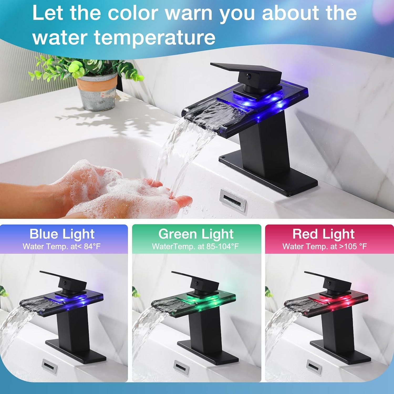 LED Bathroom Sink Faucet, Matte Black Waterfall Single Handle Vanity Faucets for Sinks 1 Hole with Metal Pop Up Drain and 2 Water Supply Lines, Open Glass Spout