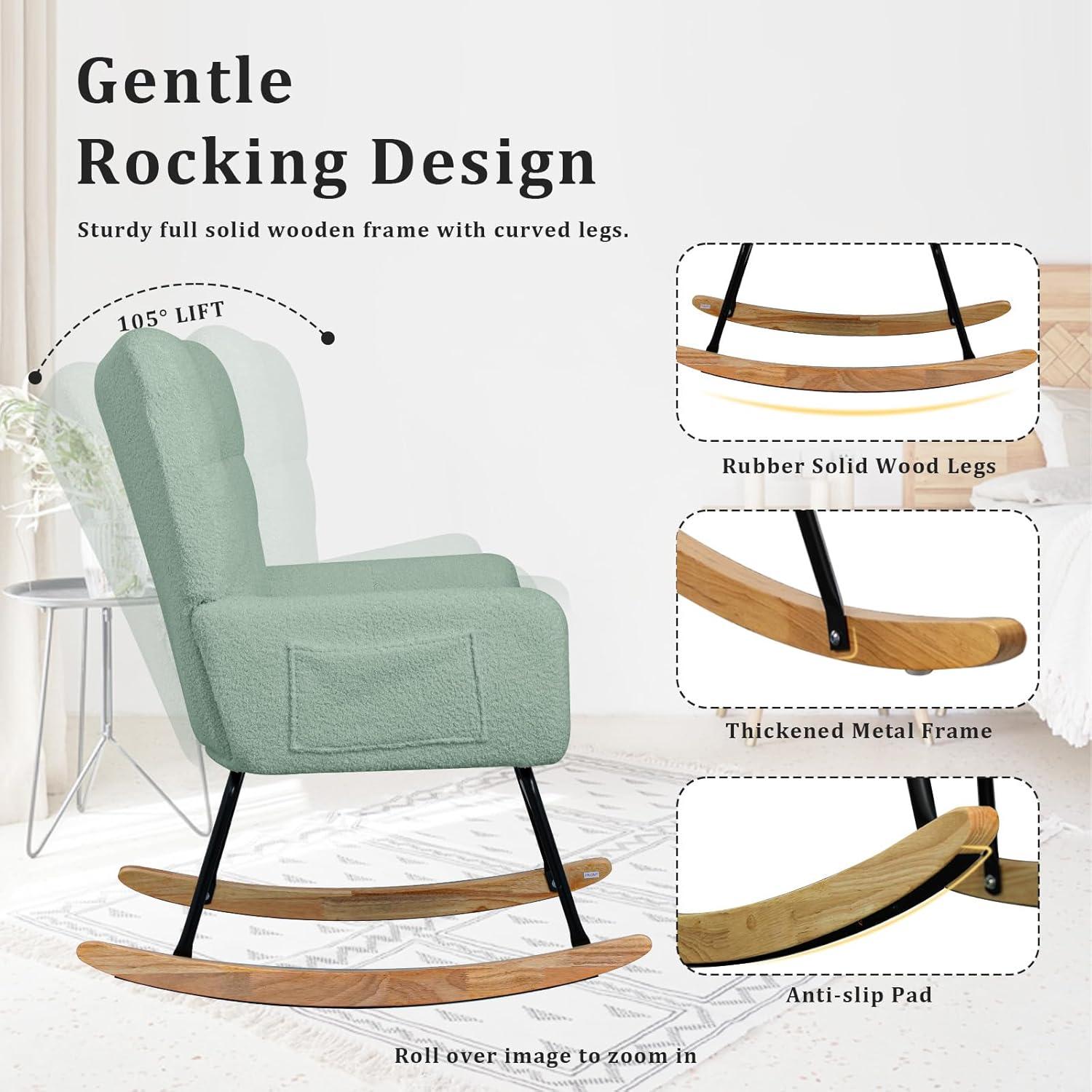 Nursery Rocking Chair Teddy, Upholstered Glider Rocker with High Backrest, Comfortable Stylish Accent Armchair with Padded Seat for Living Rooms, Bedrooms, Offices