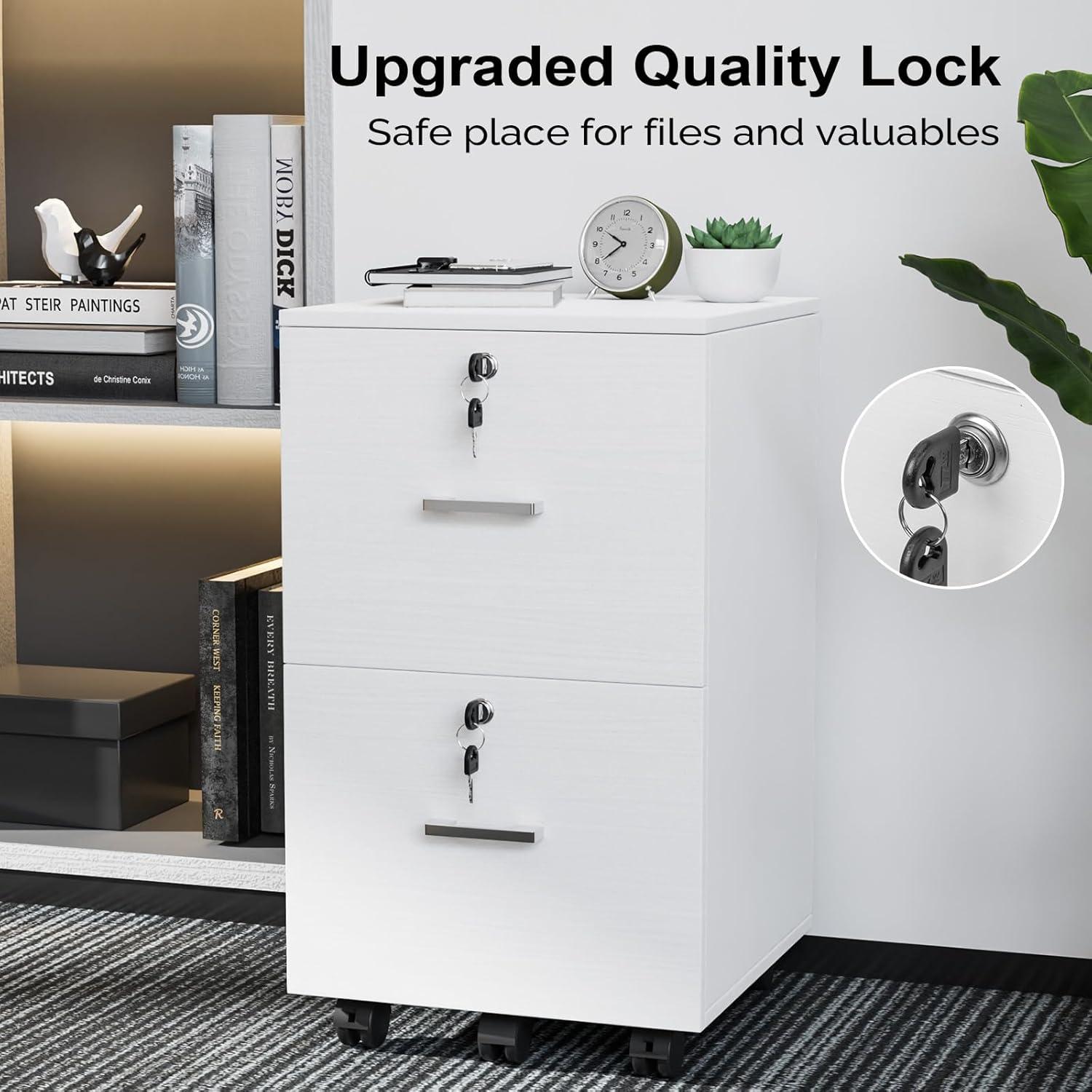 Wood Grain White 2-Drawer File Cabinet with Lock for Letter Size Files - Mobile Under Desk Cabinet for Home Office