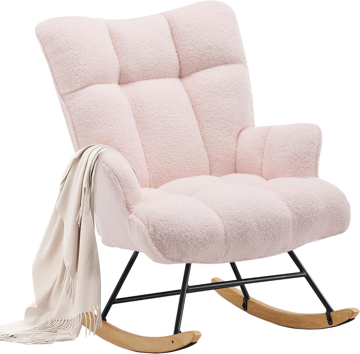 Nursery Rocking Chair Teddy, Upholstered Glider Rocker with High Backrest, Comfortable Stylish Accent Armchair with Padded Seat for Living Rooms, Bedrooms, Offices