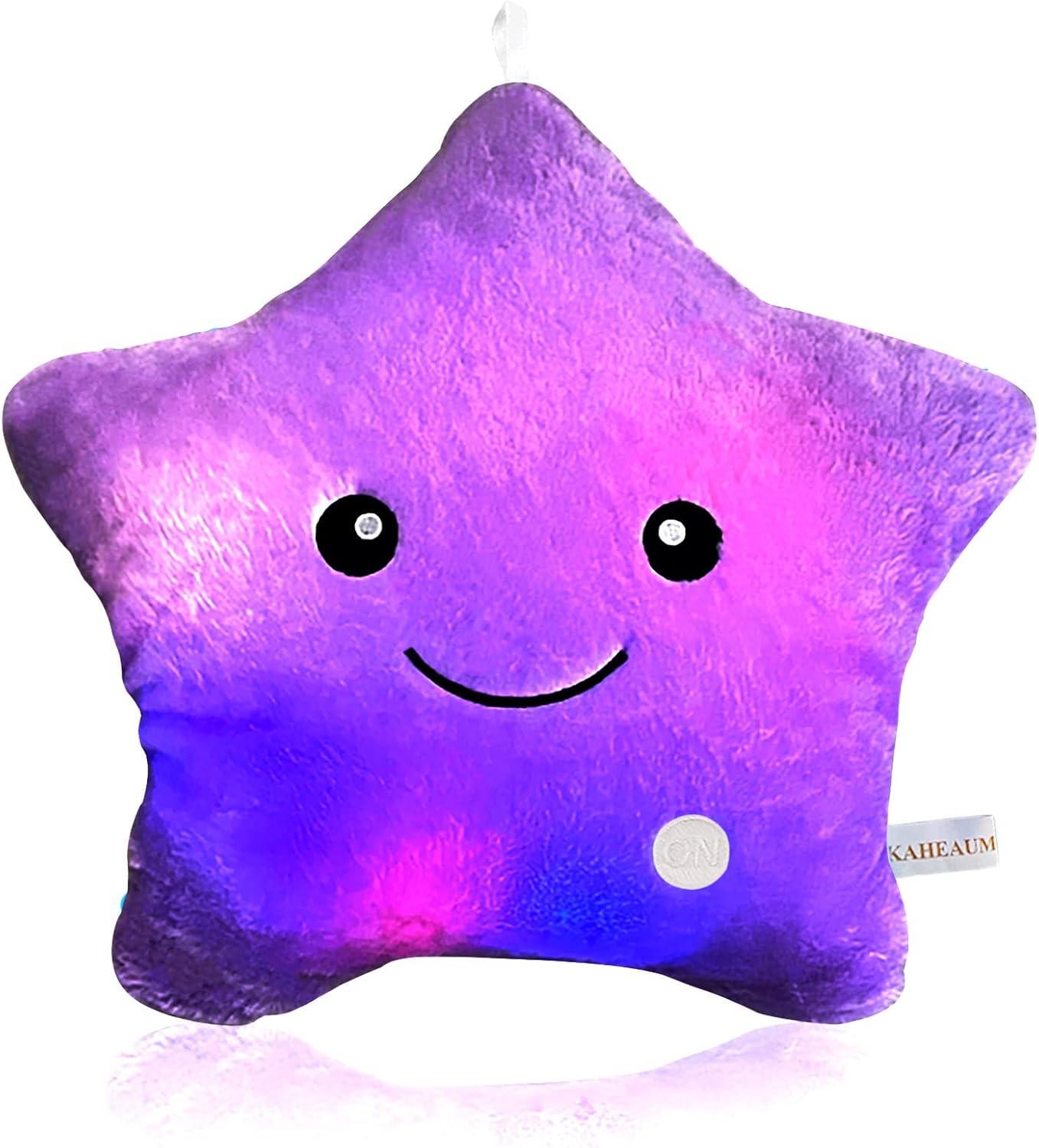 Kids Decorative Pillow,Cute Star LED Light Up Pillow Gift for Girls Women Birthday Unique Throw Pillows Bedroom Couch Office Lumbar Back Cushion Purple Plush Pillow Stuffed Toy