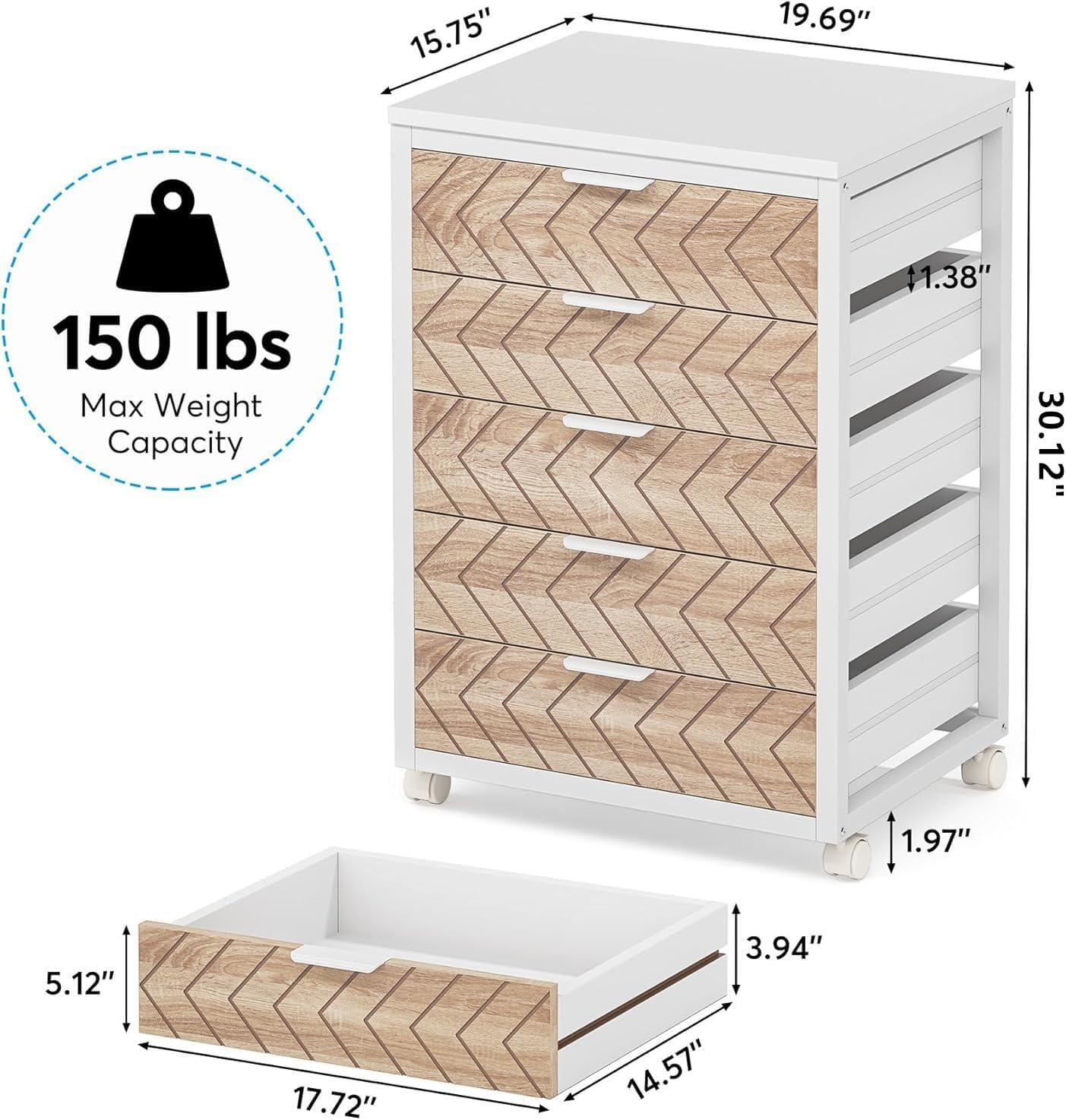 Tribesigns 5 Drawer Chest, Wood Storage Dresser Cabinet with Wheels, Industrial Storage Drawer Organizer Cart for Office Bedroom Entryway, White