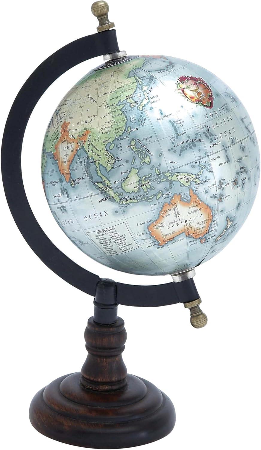 Elegant Mango Wood & Iron Spinning Globe, 6"W x 10"H, Multicolor